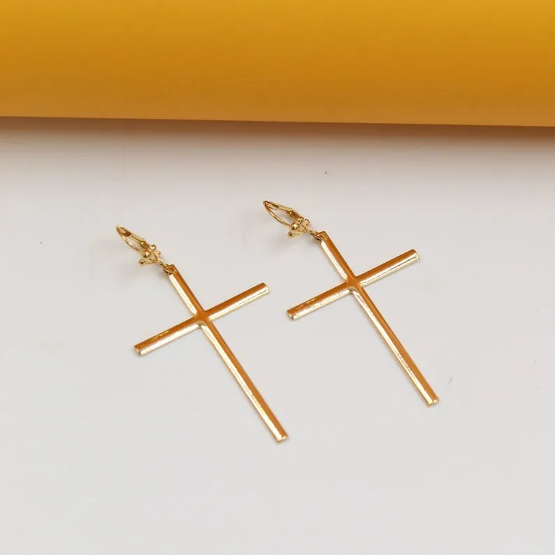 Gold Filled Large Cross Dangle Earrings