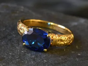 Gold Sapphire Ring - Blue Tribal Ring - Vintage Horizontal Ring