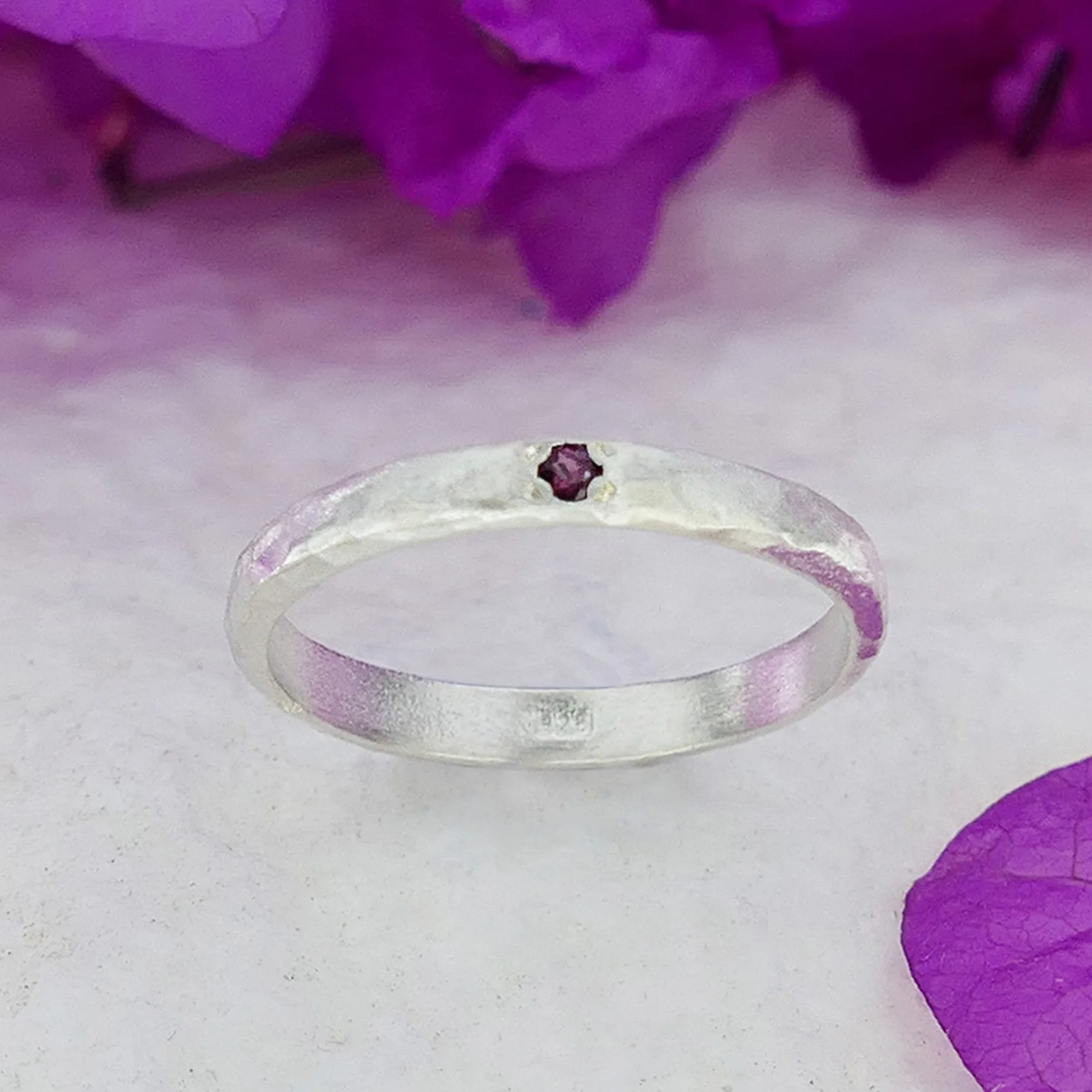 Hammered Stackable Ring 925 Sterling Silver Natural Red Garnet Gemstone,Minimalist Ring