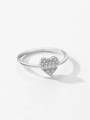 Heart Ring, .925 Sterling Silver Baguette Zircon Minimalist Dainty Ring