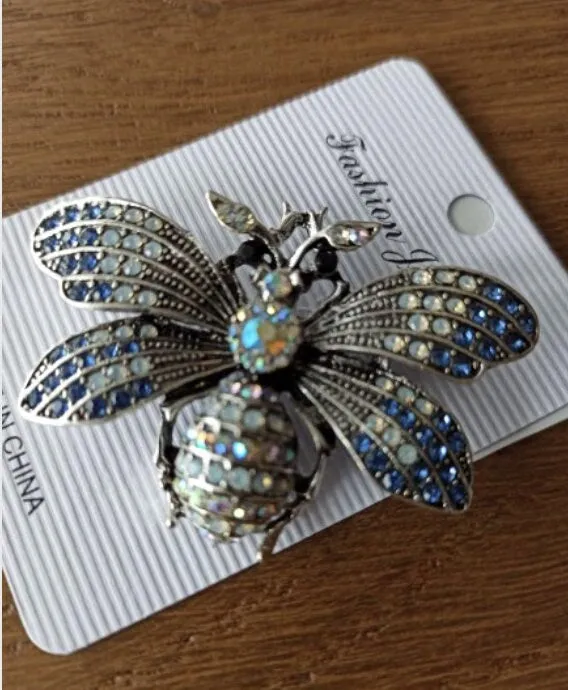 Honey bee brooch stunning silver plated blue diamante suit coat broach pin ggg38