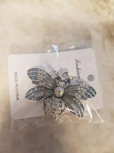 Honey bee brooch stunning silver plated blue diamante suit coat broach pin ggg38