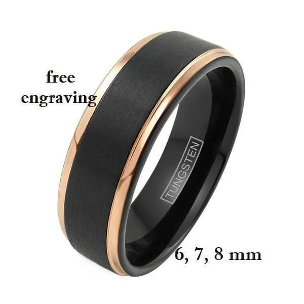 Honovi Exquisite Black Tungsten Ring Rose Gold Stepped Edges & Brushed Center 6mm - 8mm