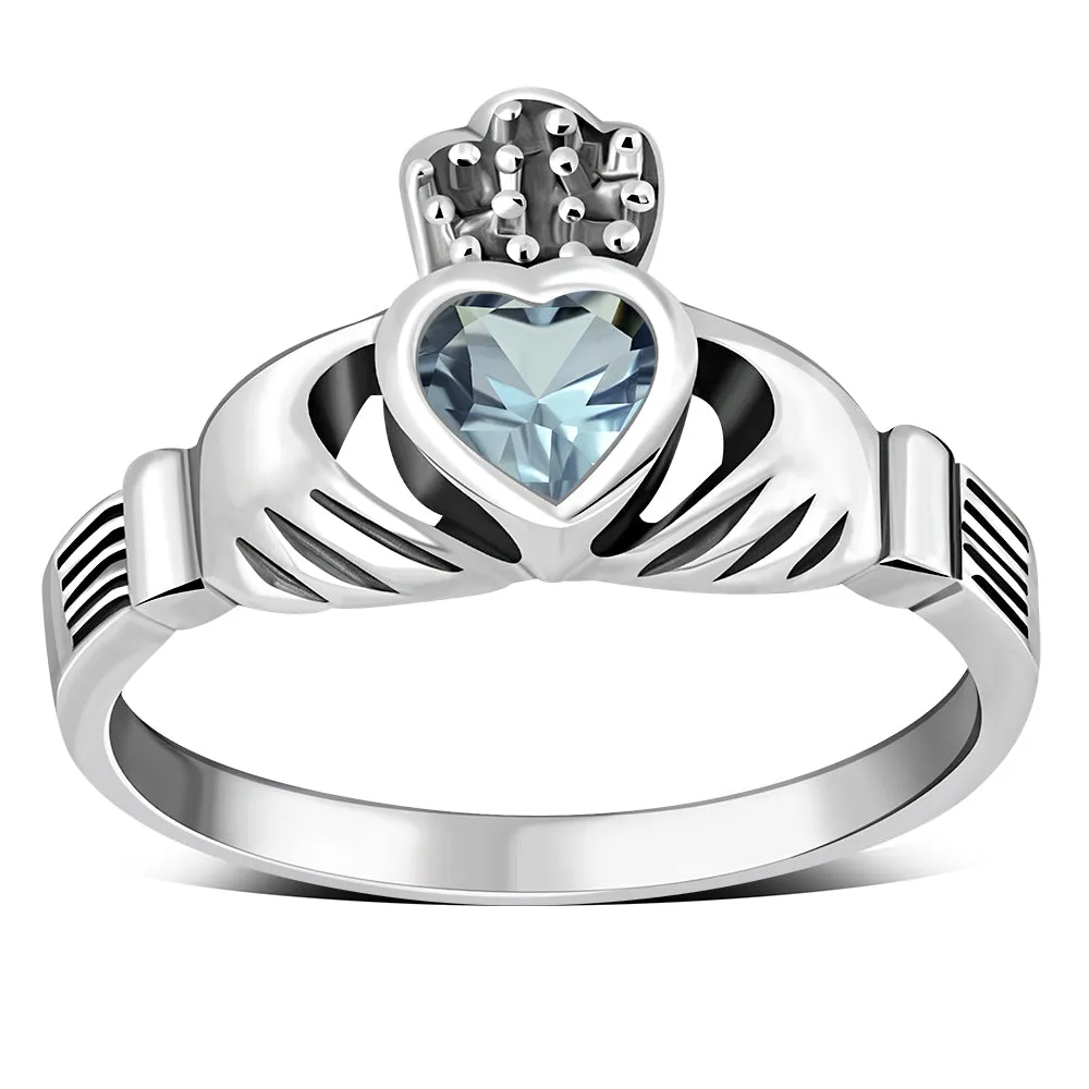 Irish Claddagh Sterling Silver Ring set w/ Blue Topaz CZ