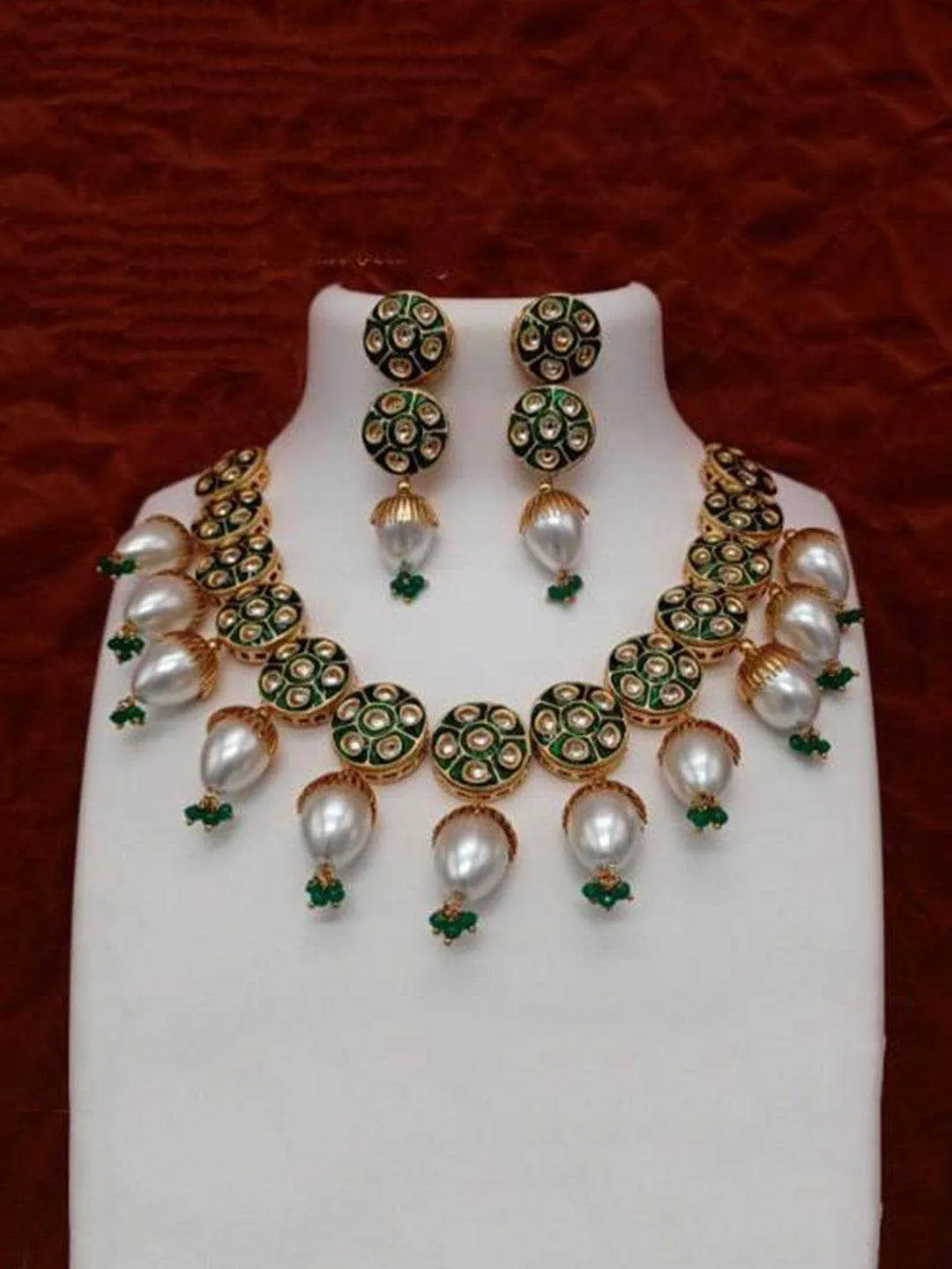 Jadau Meena Pearls Necklace And Earring Set