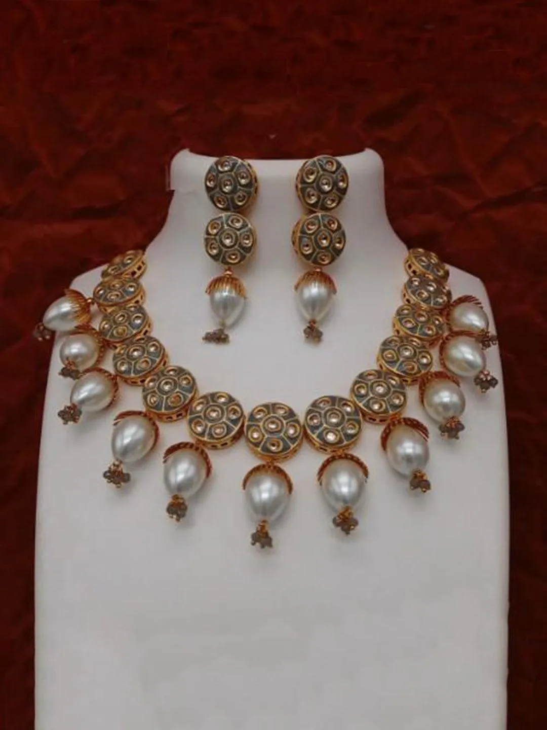 Jadau Meena Pearls Necklace And Earring Set