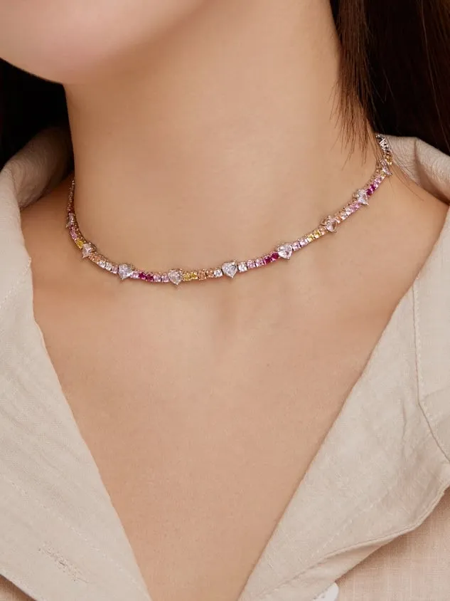 KESLEY Heart Tennis Choker Necklace, .925 Sterling Silver Colorful Zircon Statement Necklace