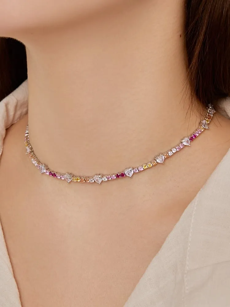 KESLEY Heart Tennis Choker Necklace, .925 Sterling Silver Colorful Zircon Statement Necklace