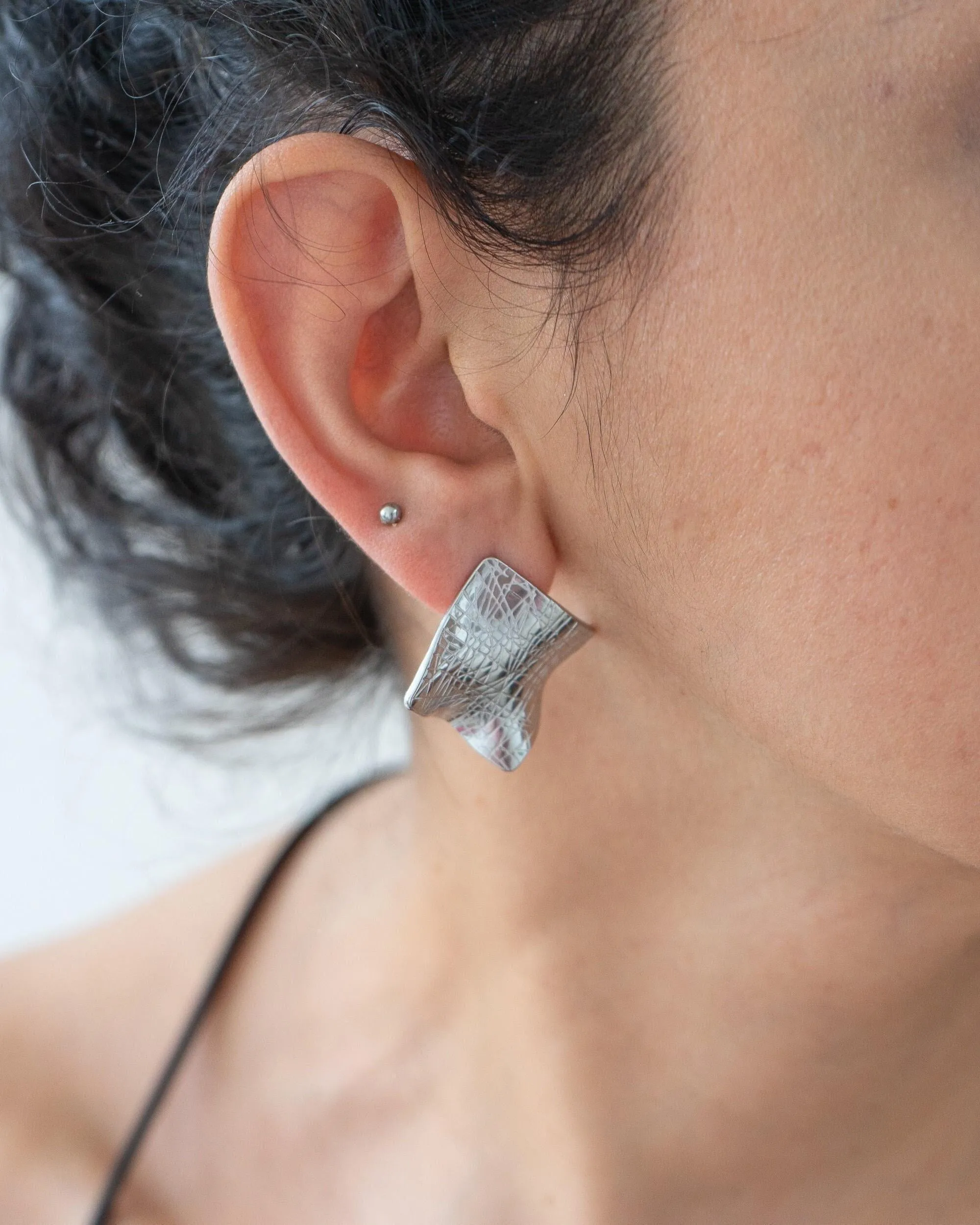 Large Silver Square Geometric Earrings