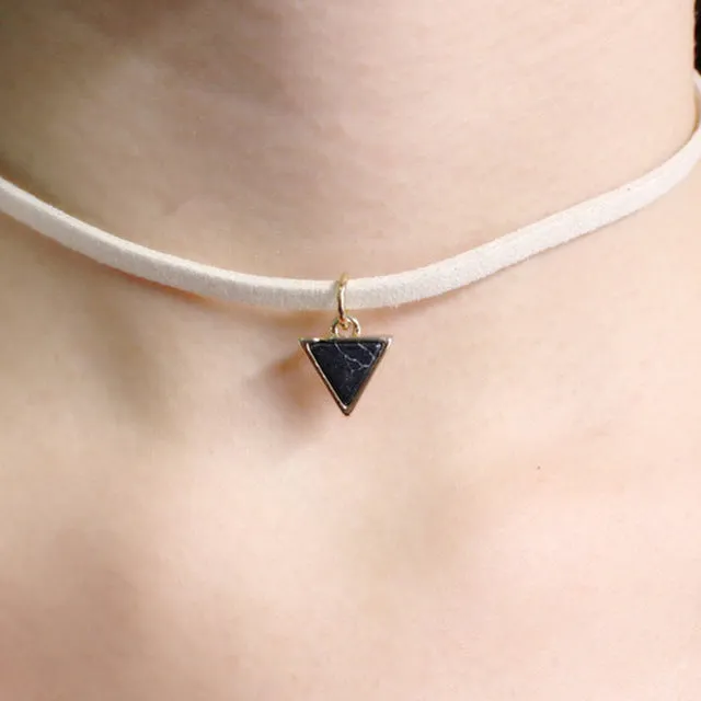 Luxury Ethnic Natural Stone Opal Choker Necklace triangle Black leather Gothic Retro Statement necklace Tattoo jewelry for women