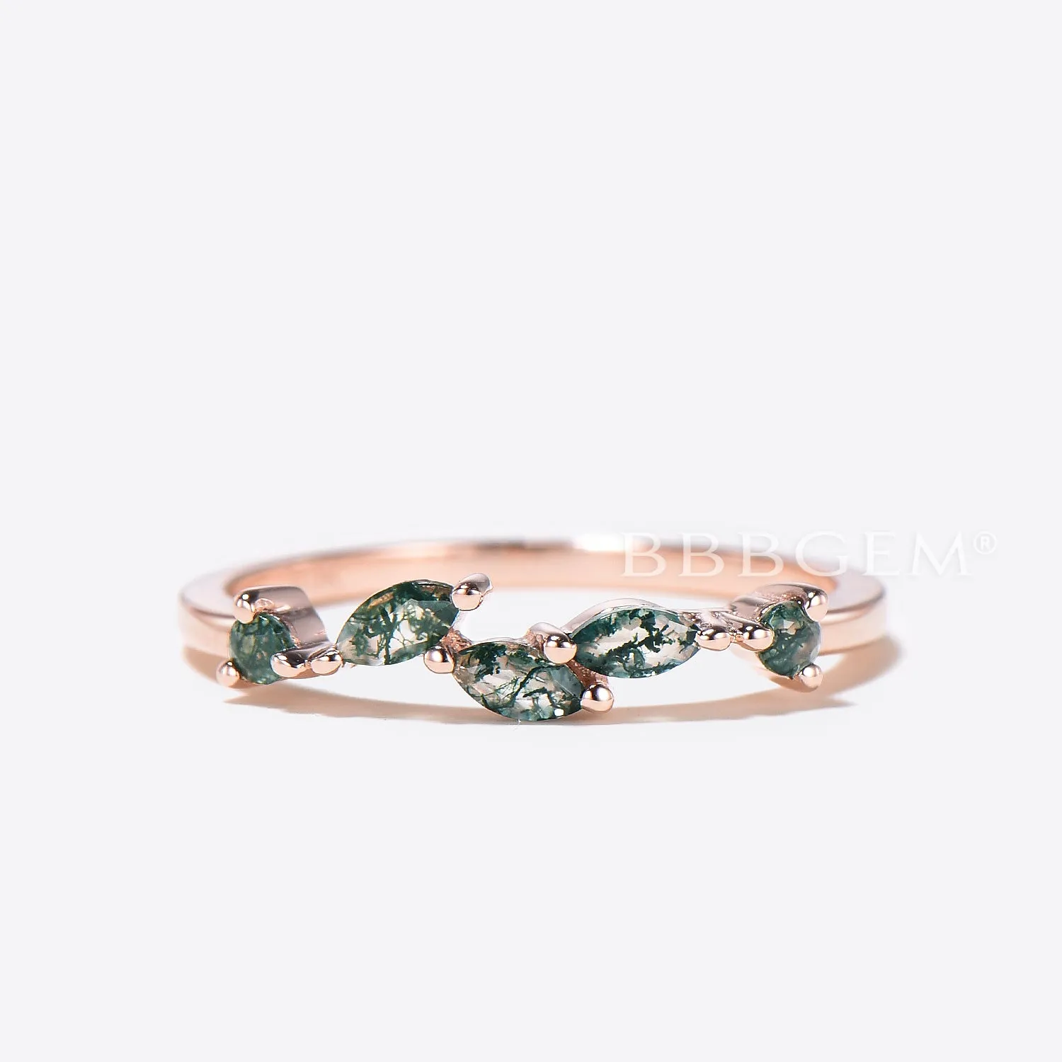 Marquise Cut Natural Green Moss Agate Wedding Bands Minimalist Rings