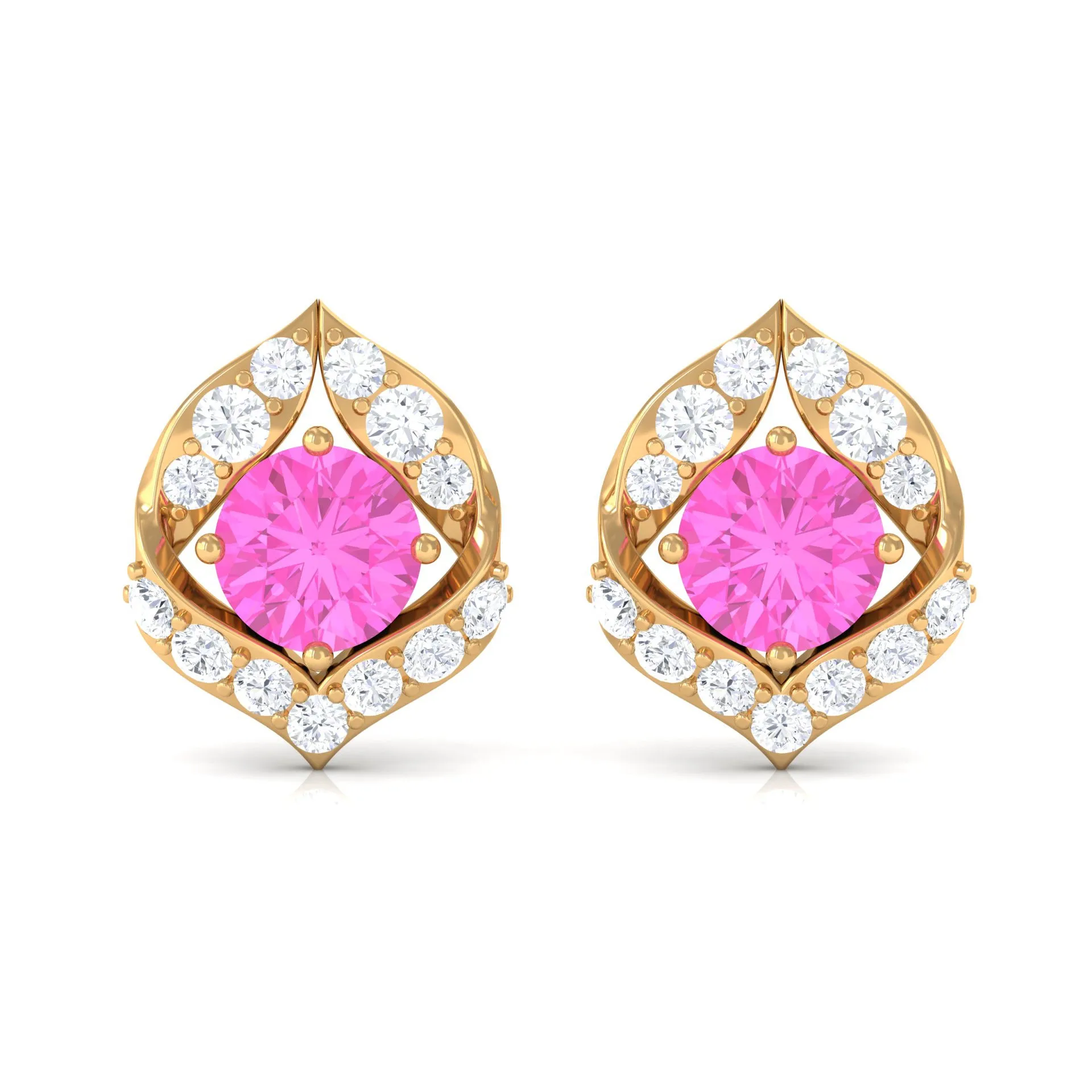 Minimal Pink Sapphire and Diamond Petal Stud Earrings