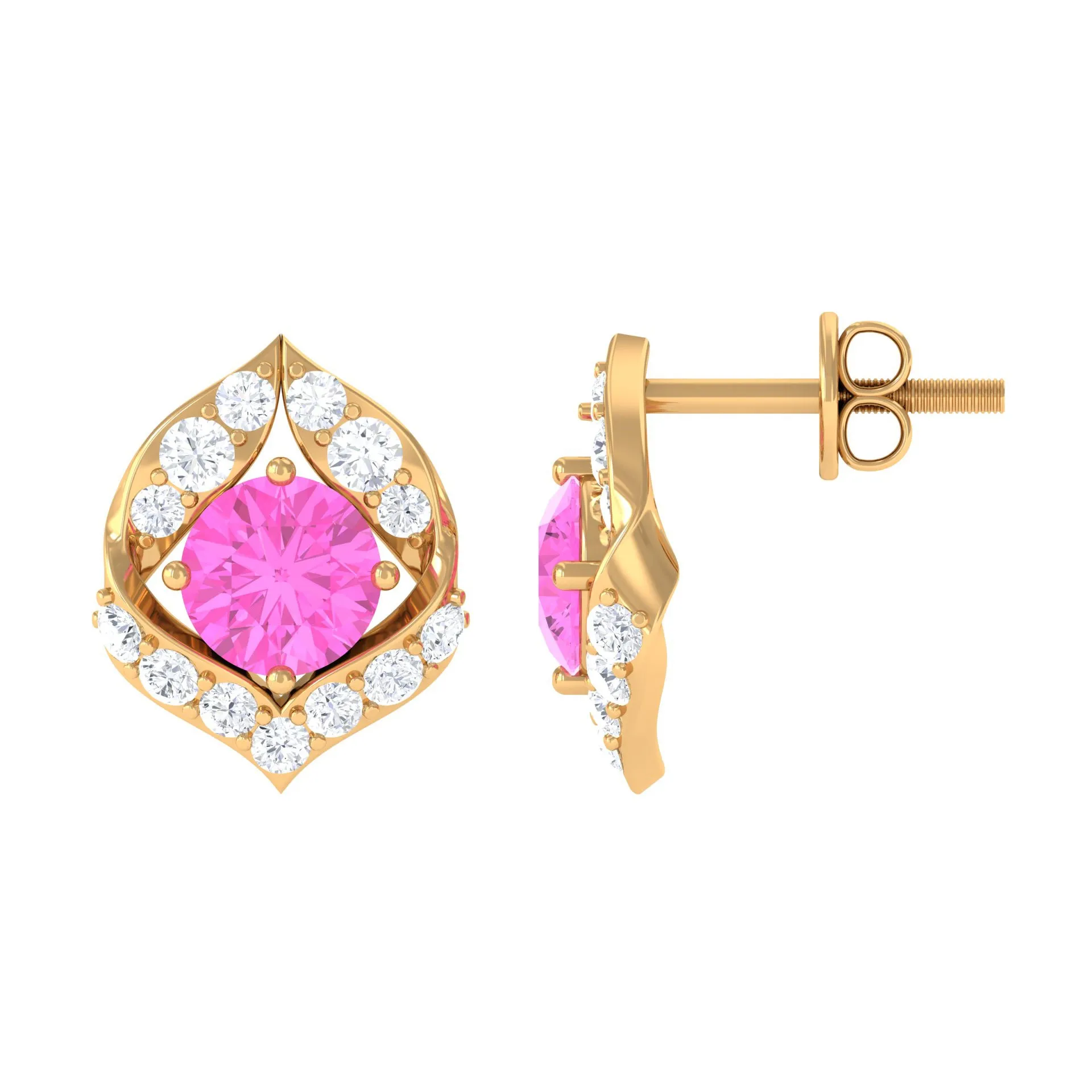 Minimal Pink Sapphire and Diamond Petal Stud Earrings