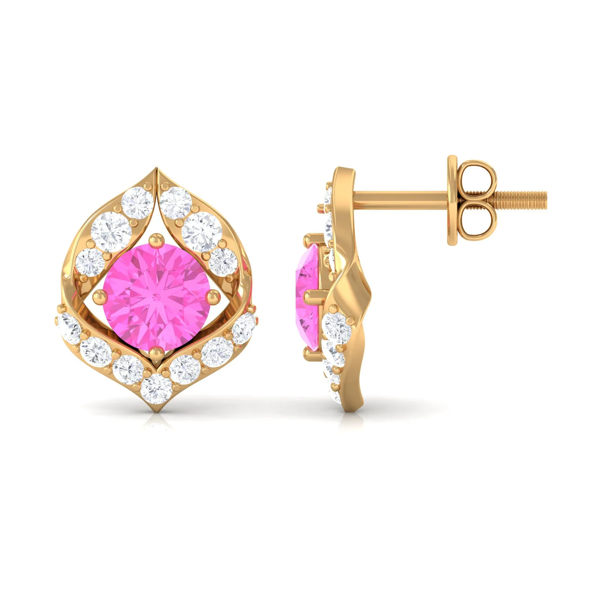 Minimal Pink Sapphire and Diamond Petal Stud Earrings