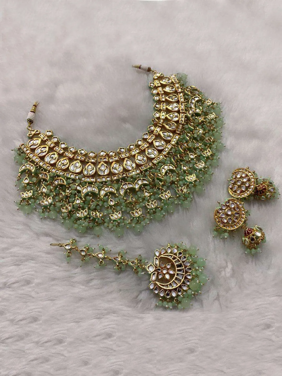 Multi Snap Chand Bridal Necklace Earring And Teeka Set