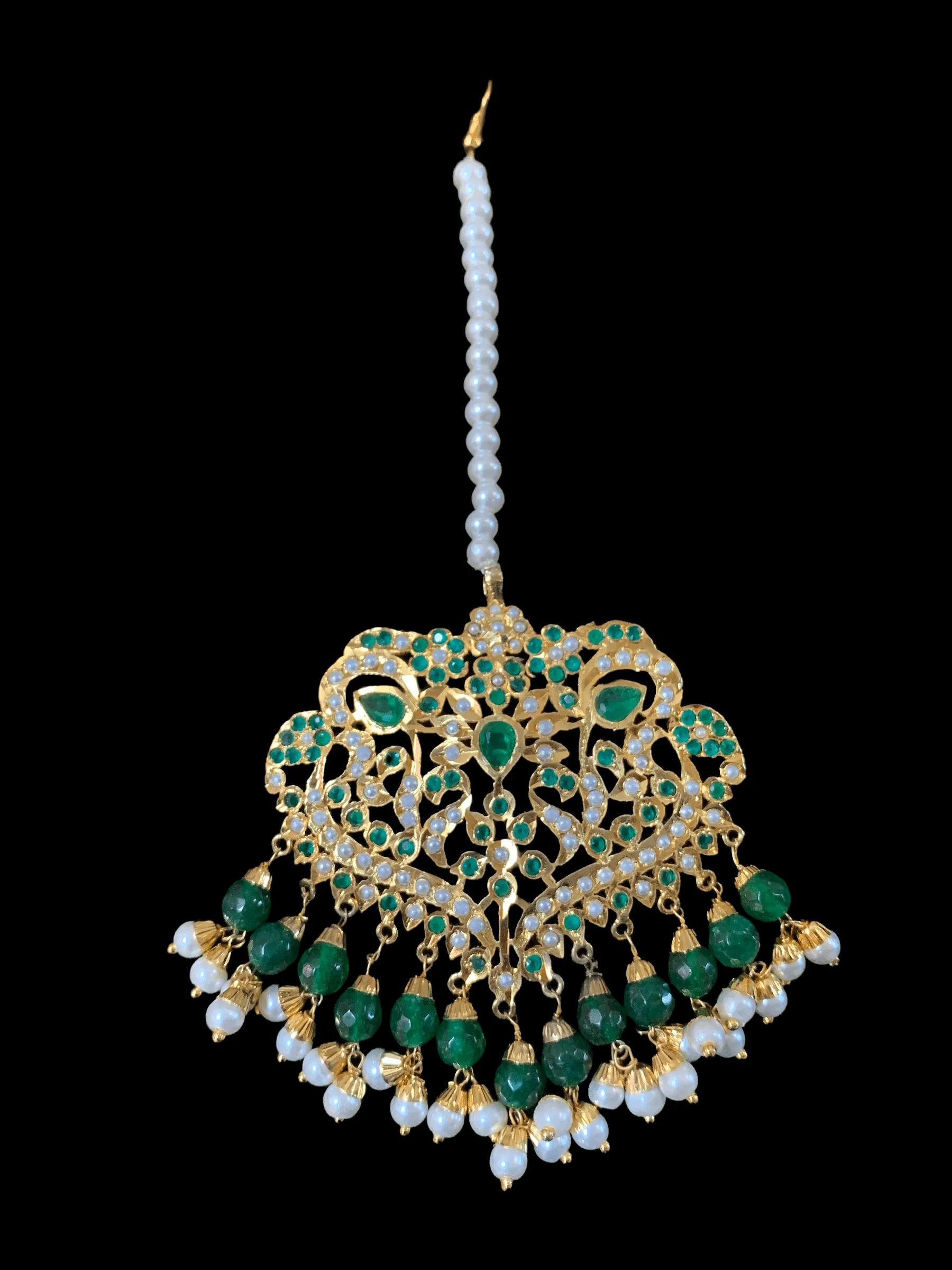 NS73 Neeli jadau pearl necklace with earrings tika in emerald(SHIPS IN 4 WEEKS )