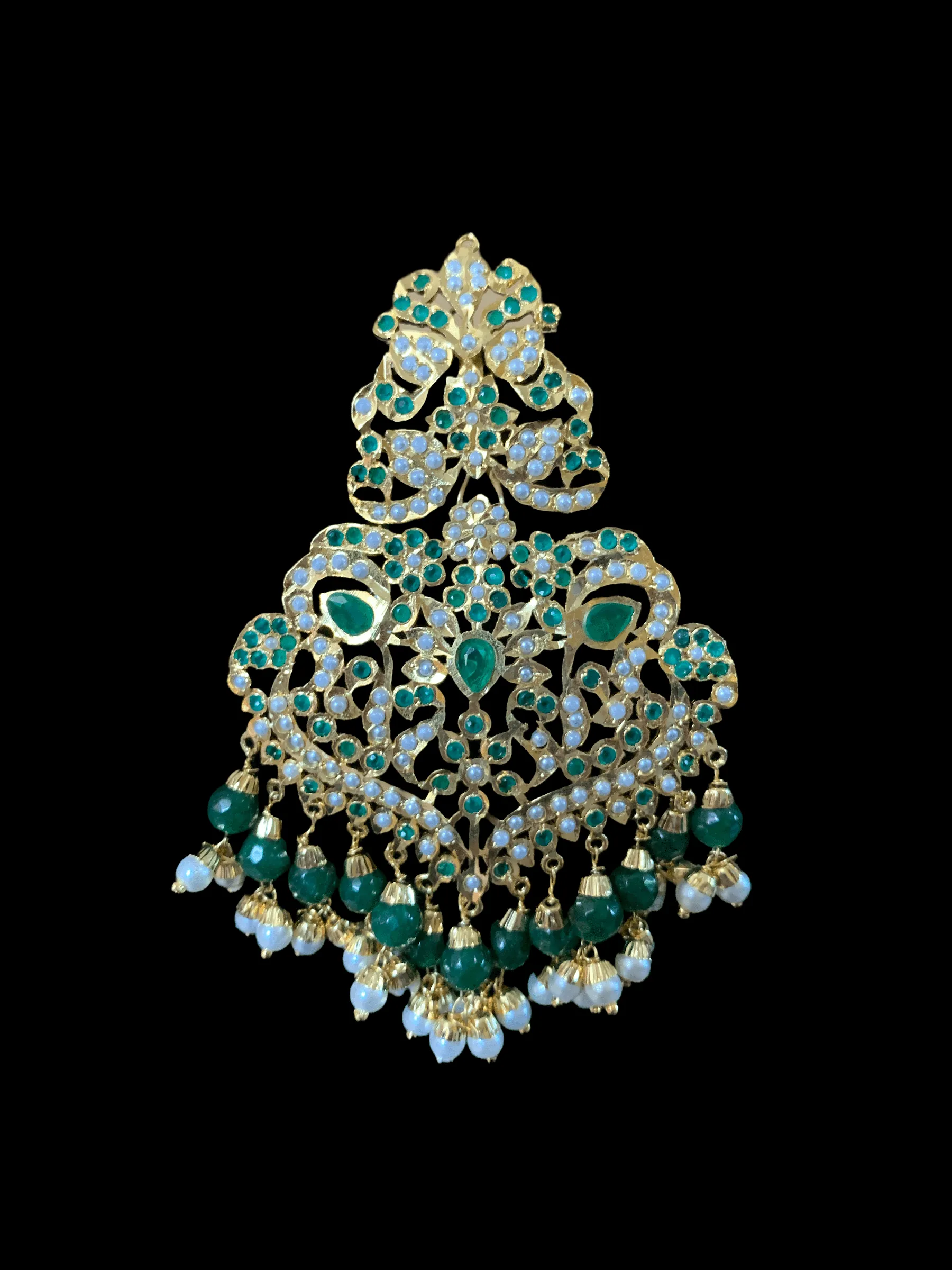 NS73 Neeli jadau pearl necklace with earrings tika in emerald(SHIPS IN 4 WEEKS )