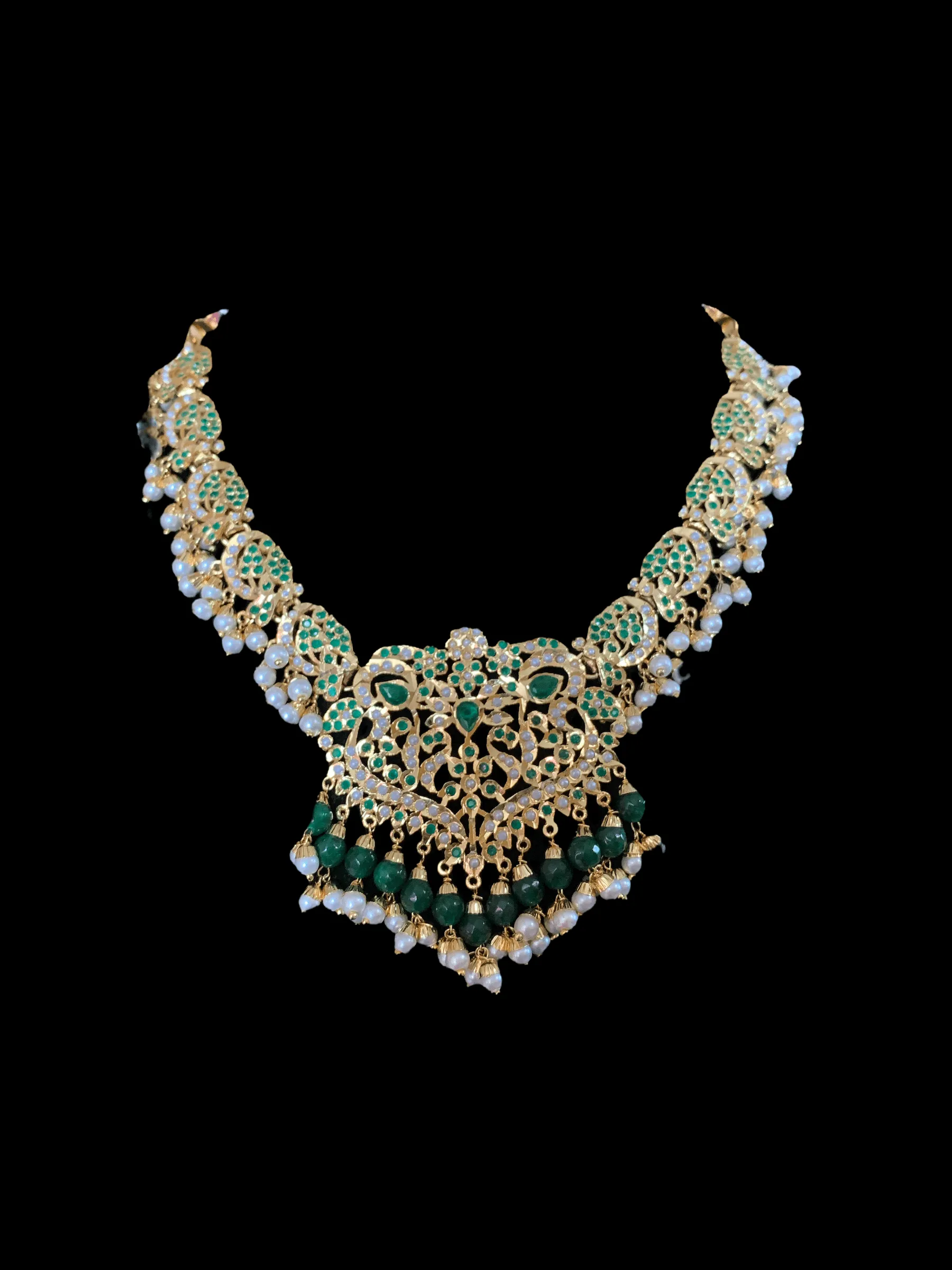 NS73 Neeli jadau pearl necklace with earrings tika in emerald(SHIPS IN 4 WEEKS )