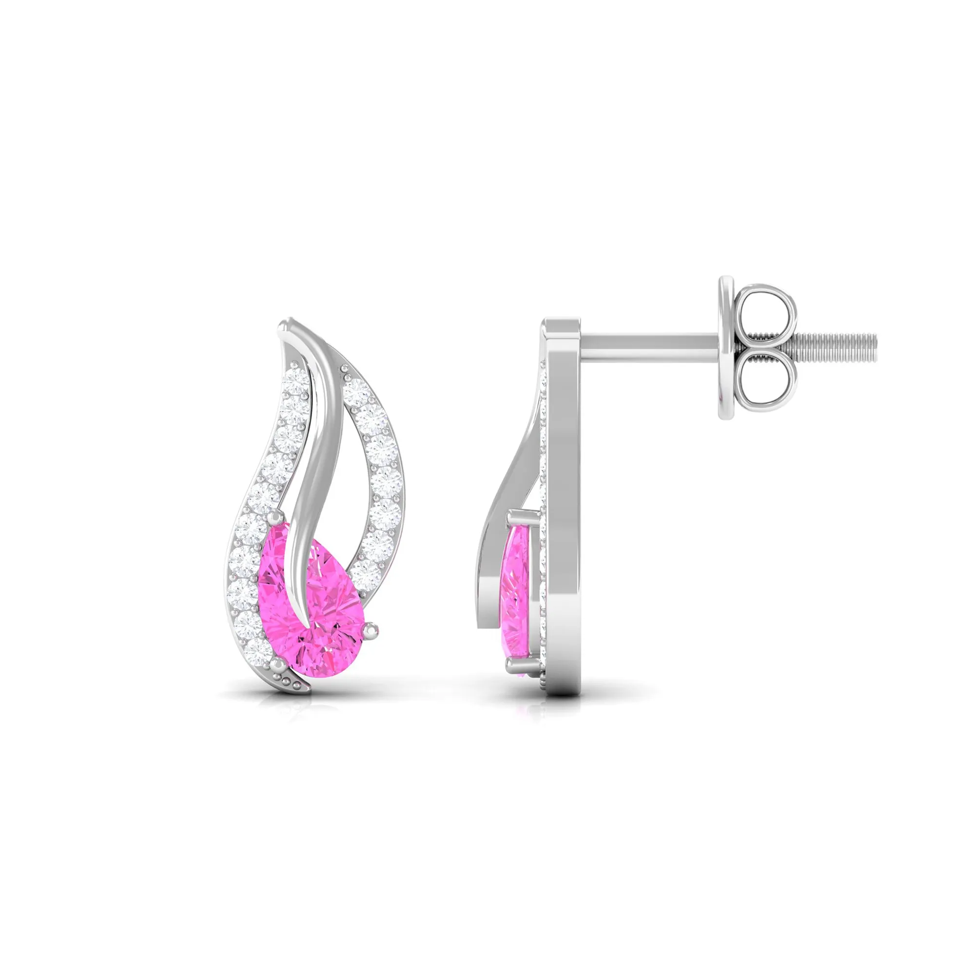 Pear Shape Pink Sapphire and Diamond Leaf Stud Earrings