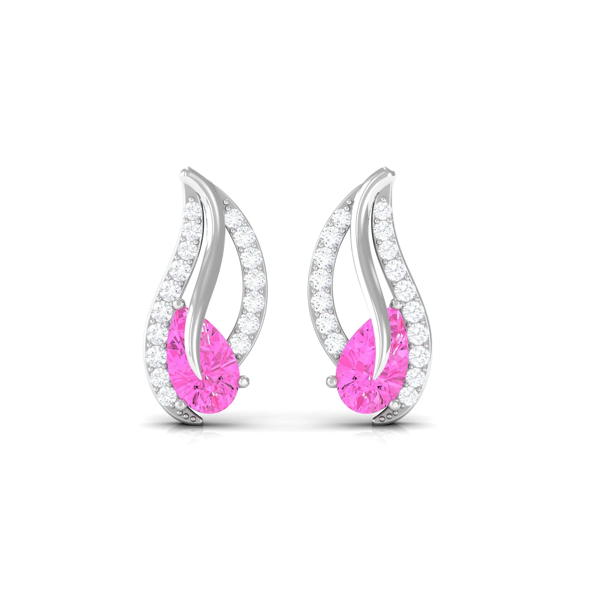 Pear Shape Pink Sapphire and Diamond Leaf Stud Earrings