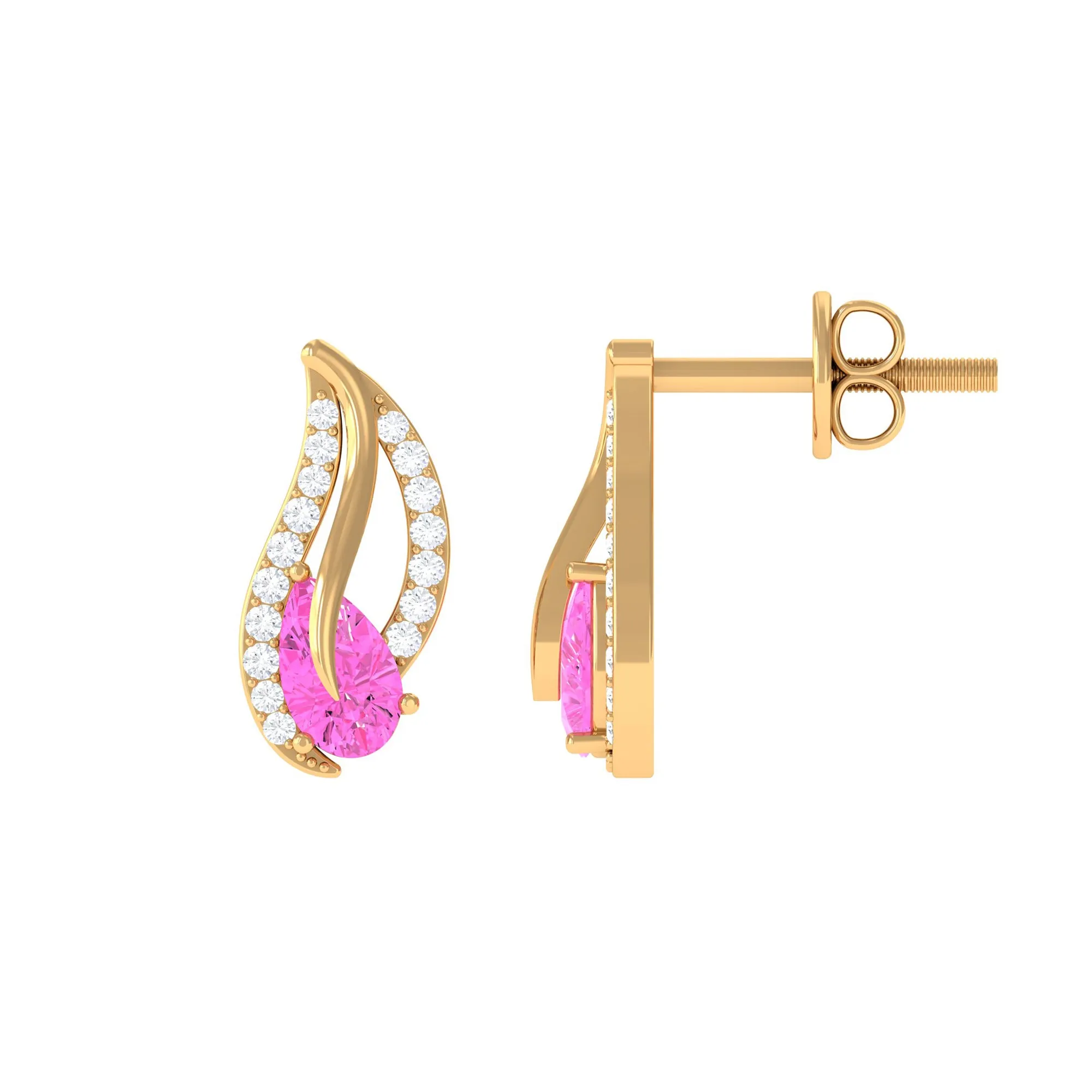 Pear Shape Pink Sapphire and Diamond Leaf Stud Earrings