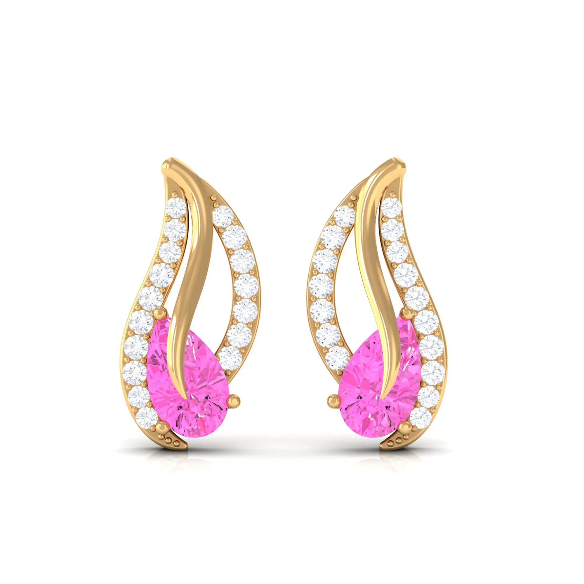 Pear Shape Pink Sapphire and Diamond Leaf Stud Earrings