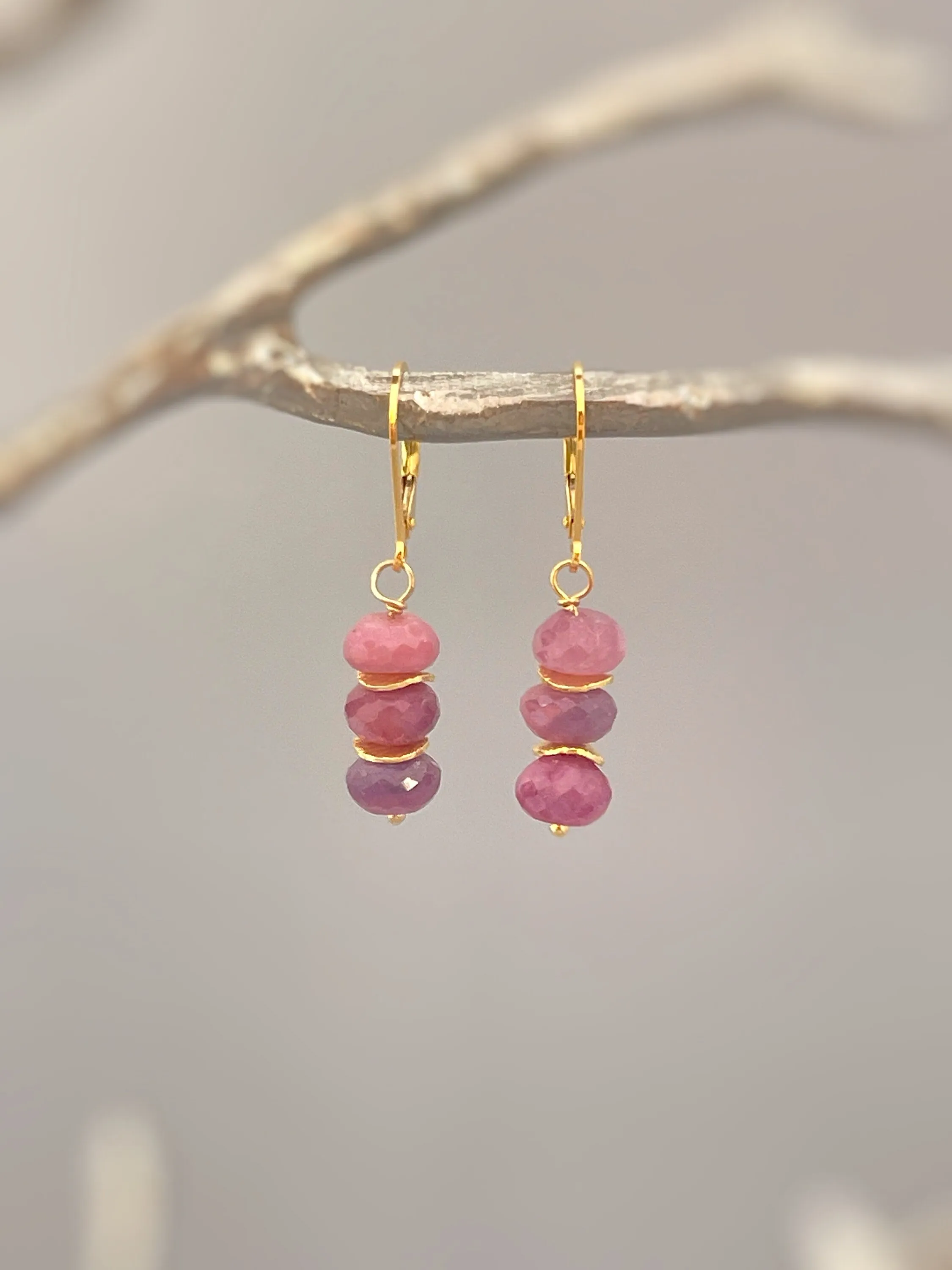 Pink Sapphire Earrings dangle, Rose Gold, 14k Gold, Sterling Silver, Boho