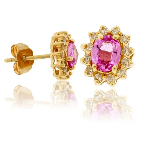 Pink Sapphire with Classic Diamond Halo Stud Earrings