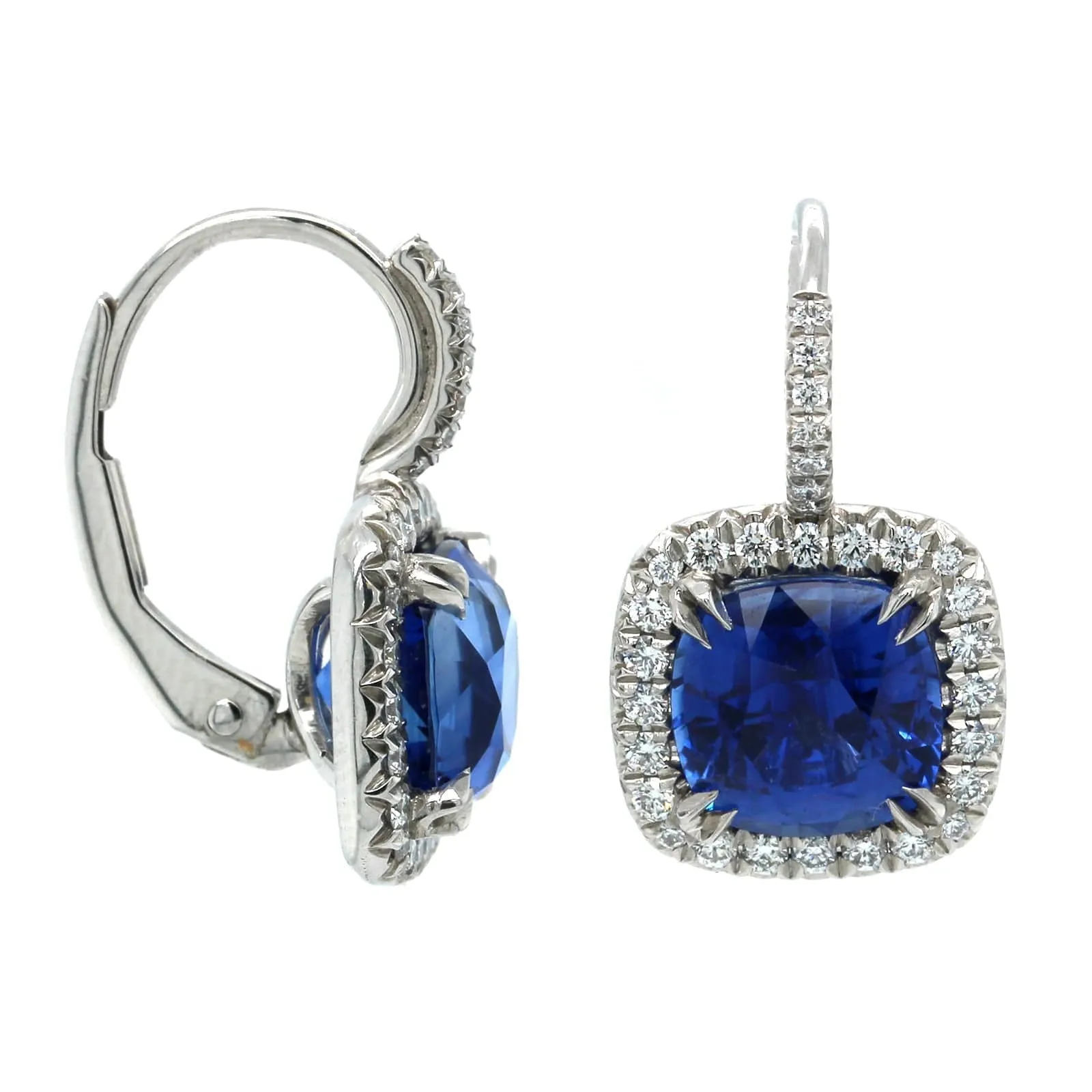 Platinum Cushion Sapphire Diamond Halo Drop Earrings