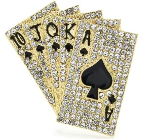 Poker cards brooch vintage look stunning diamonte gold plated christmas pin j8g