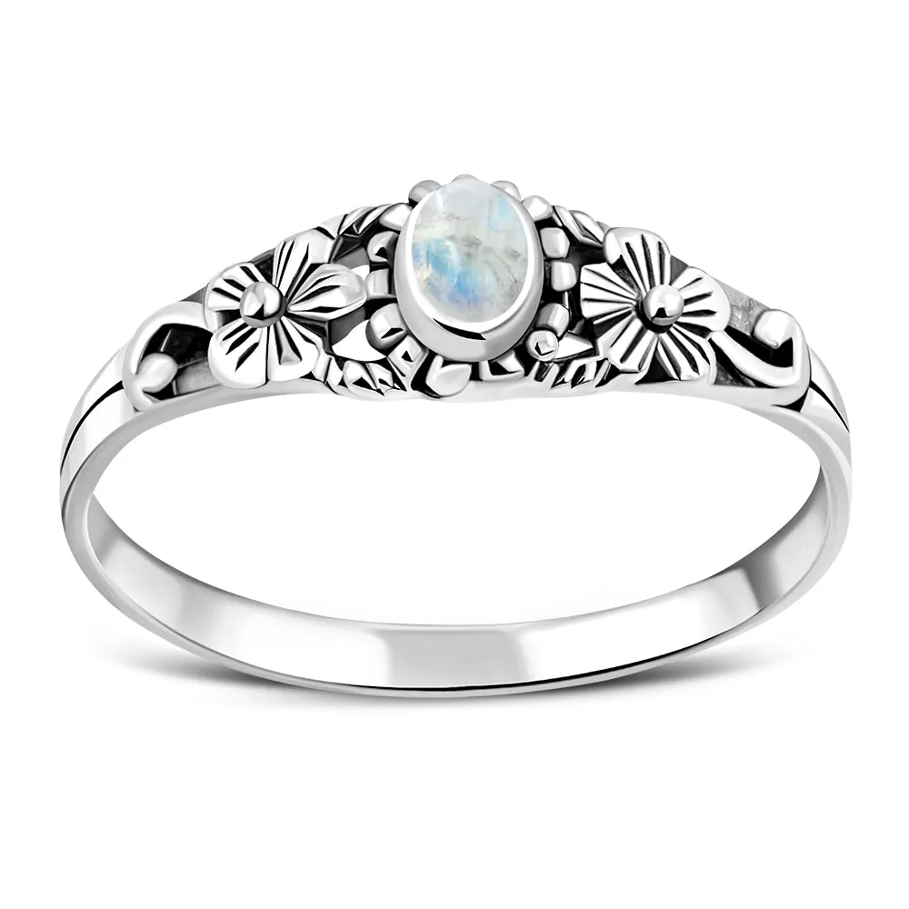 Rainbow Moonstone Flowers Silver Ring