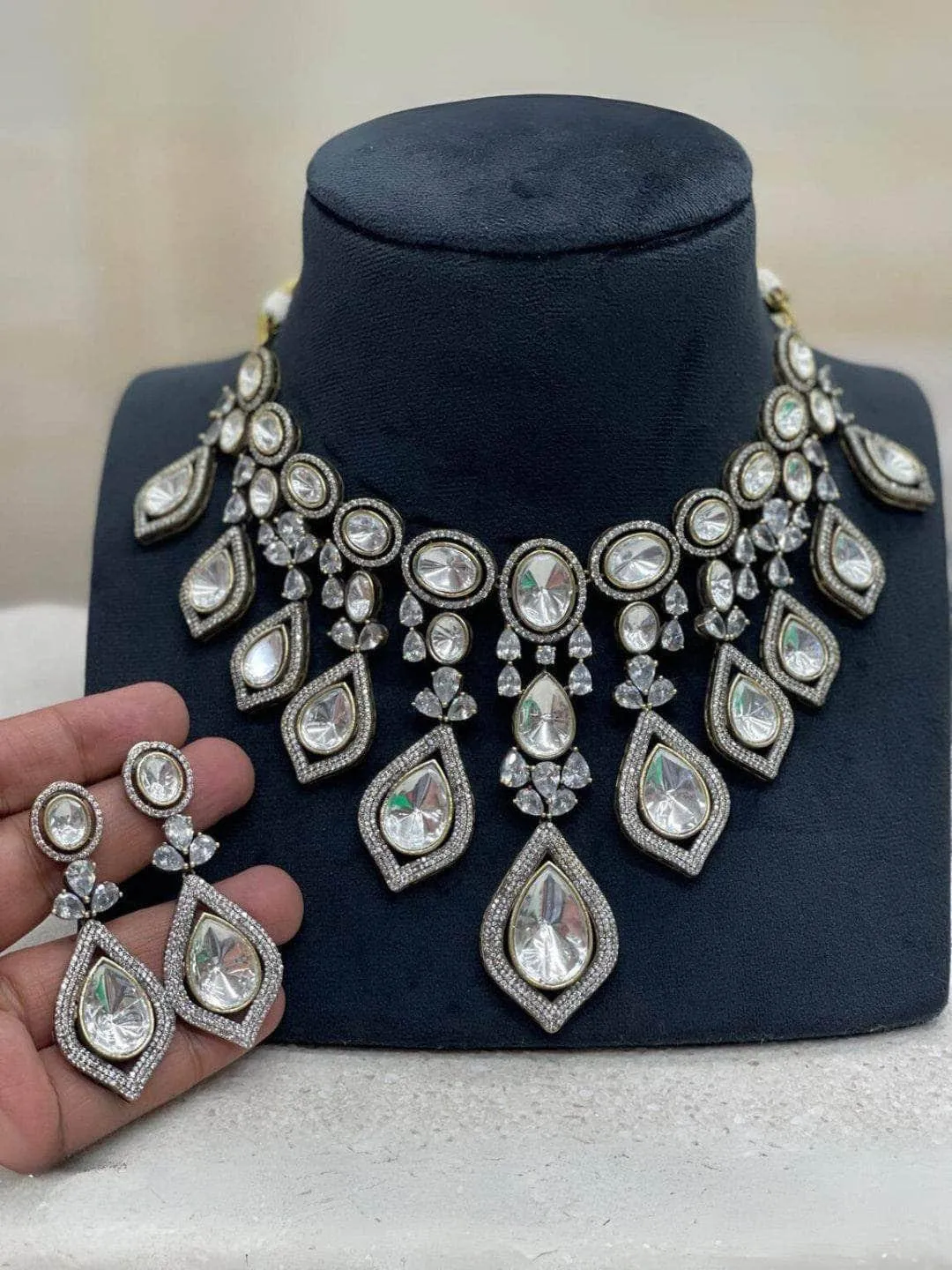 Real Polki Diamond Necklace With Drop Pendants