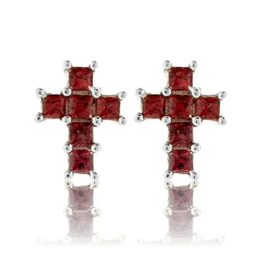 Red - Orange Sapphire Cross Style Stud Earrings