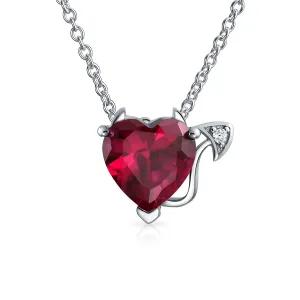 Romantic Ruby Red Devil Heart Pendant Necklace in Rose Gold Plated Silver