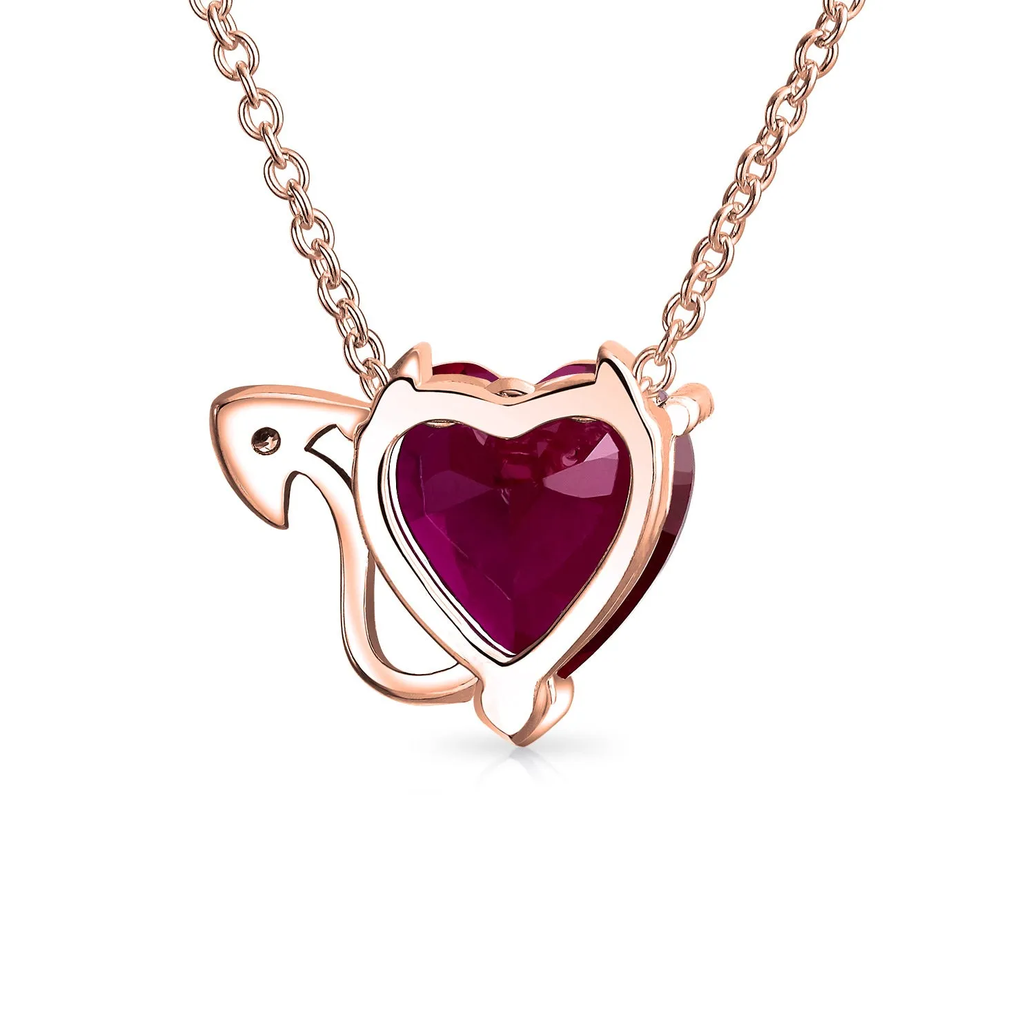 Romantic Ruby Red Devil Heart Pendant Necklace in Rose Gold Plated Silver