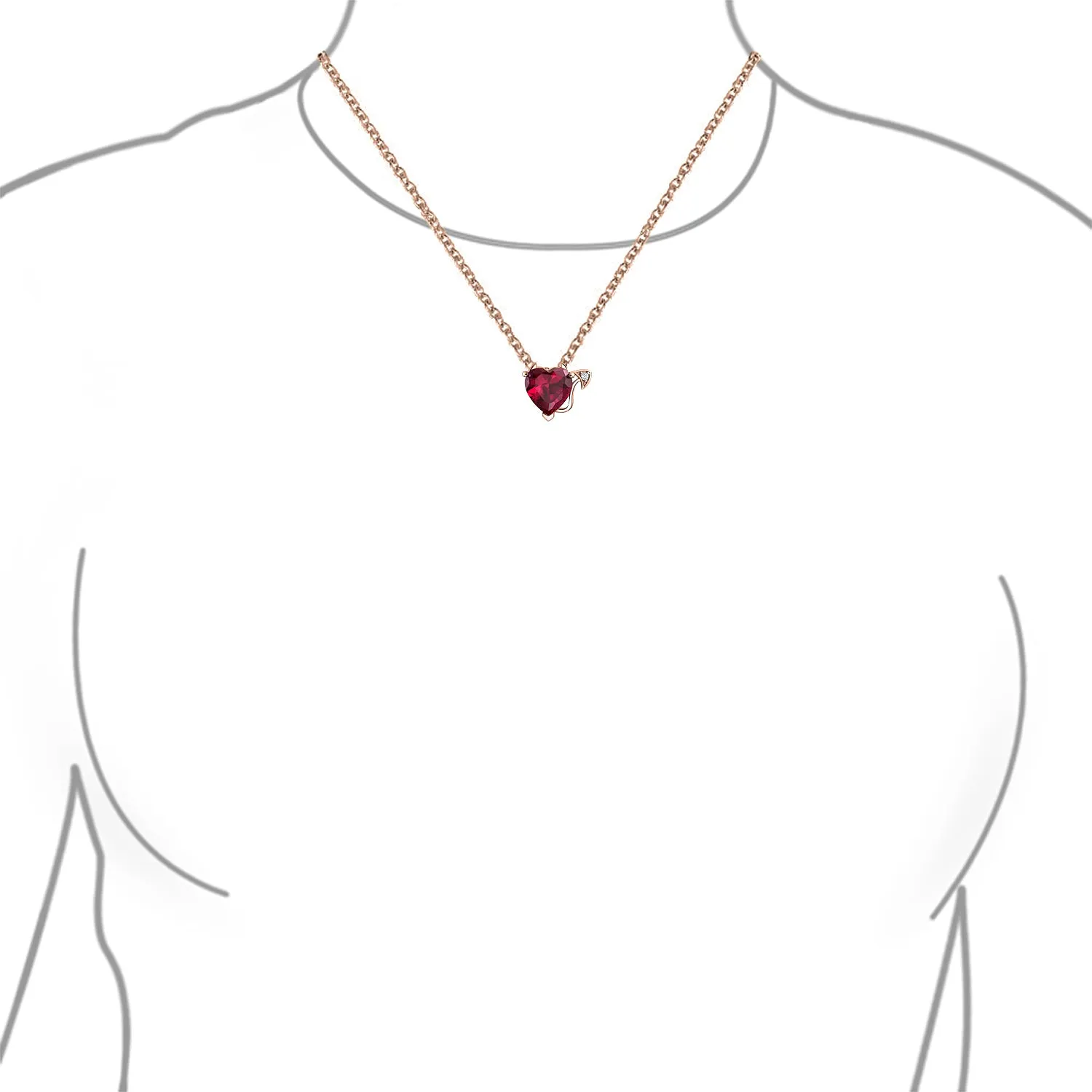 Romantic Ruby Red Devil Heart Pendant Necklace in Rose Gold Plated Silver