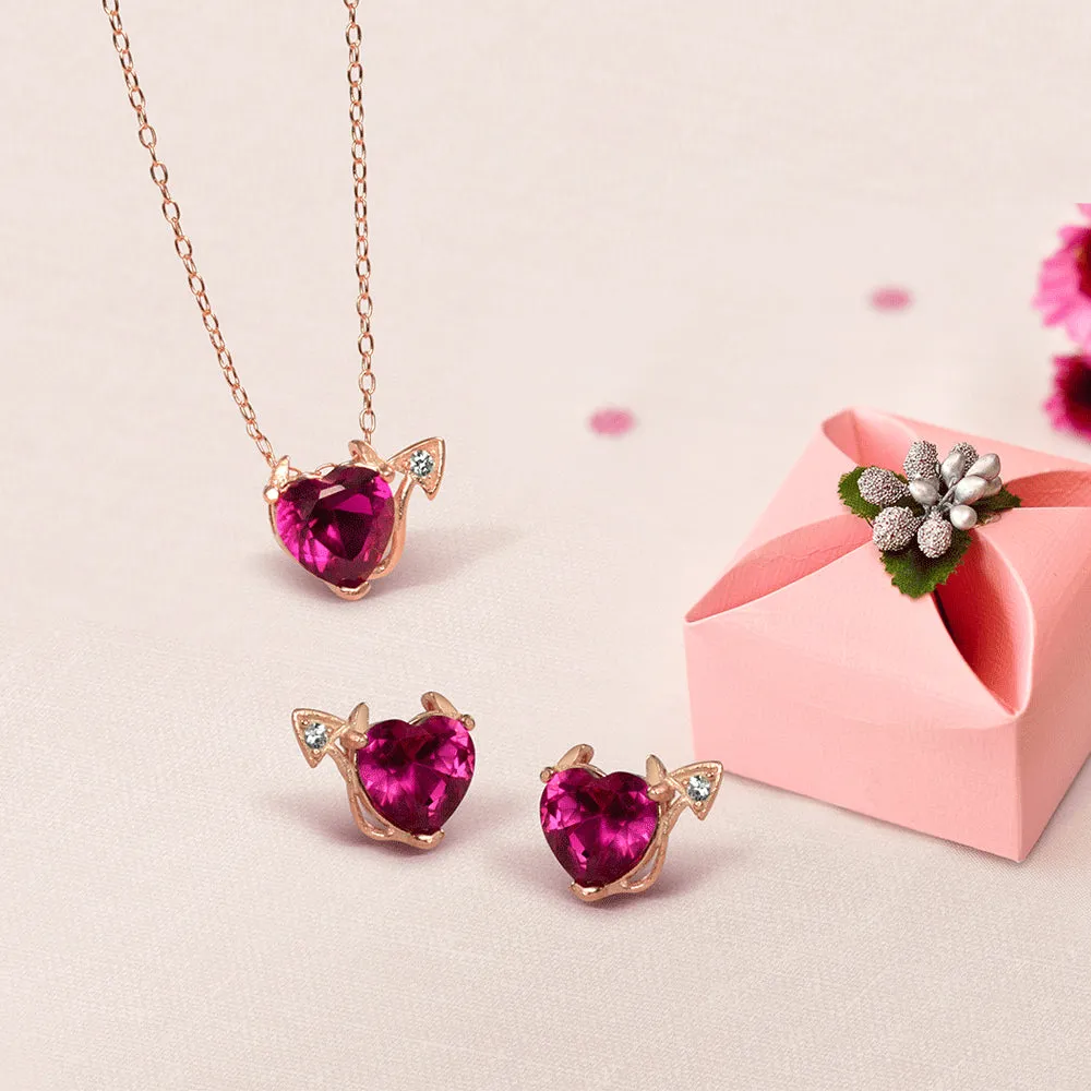 Romantic Ruby Red Devil Heart Pendant Necklace in Rose Gold Plated Silver