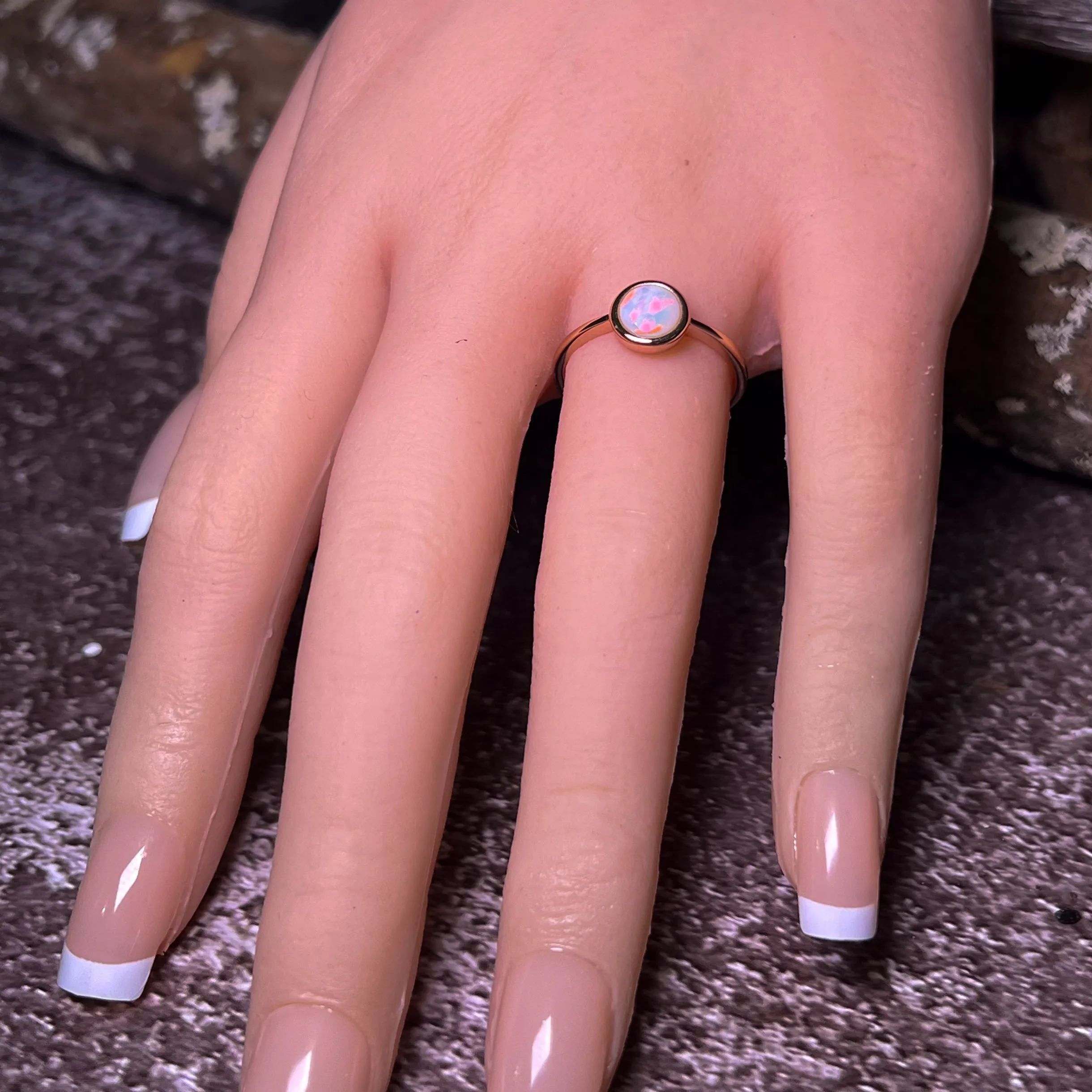 Rose Gold Plated 7mm White Opal solitaire ring