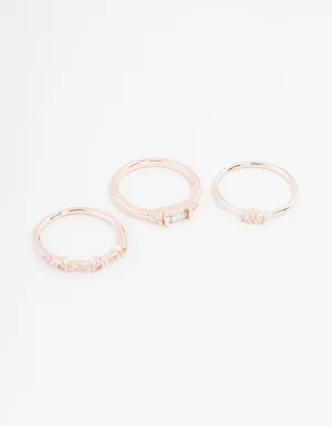 Rose Gold Plated Baguette & Mini Round Cubic Zirconia Ring 3-Pack