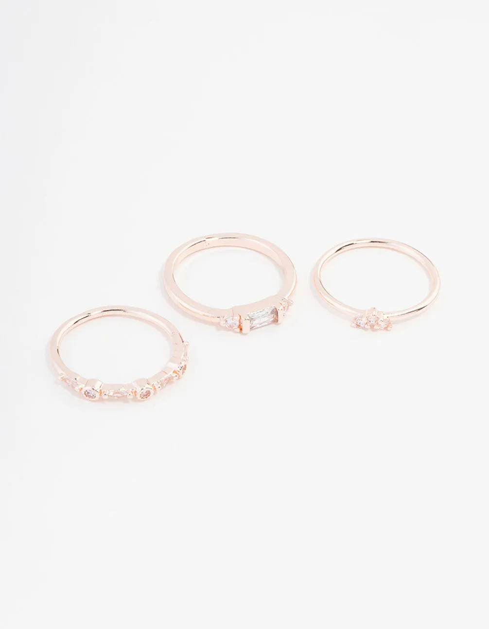 Rose Gold Plated Baguette & Mini Round Cubic Zirconia Ring 3-Pack