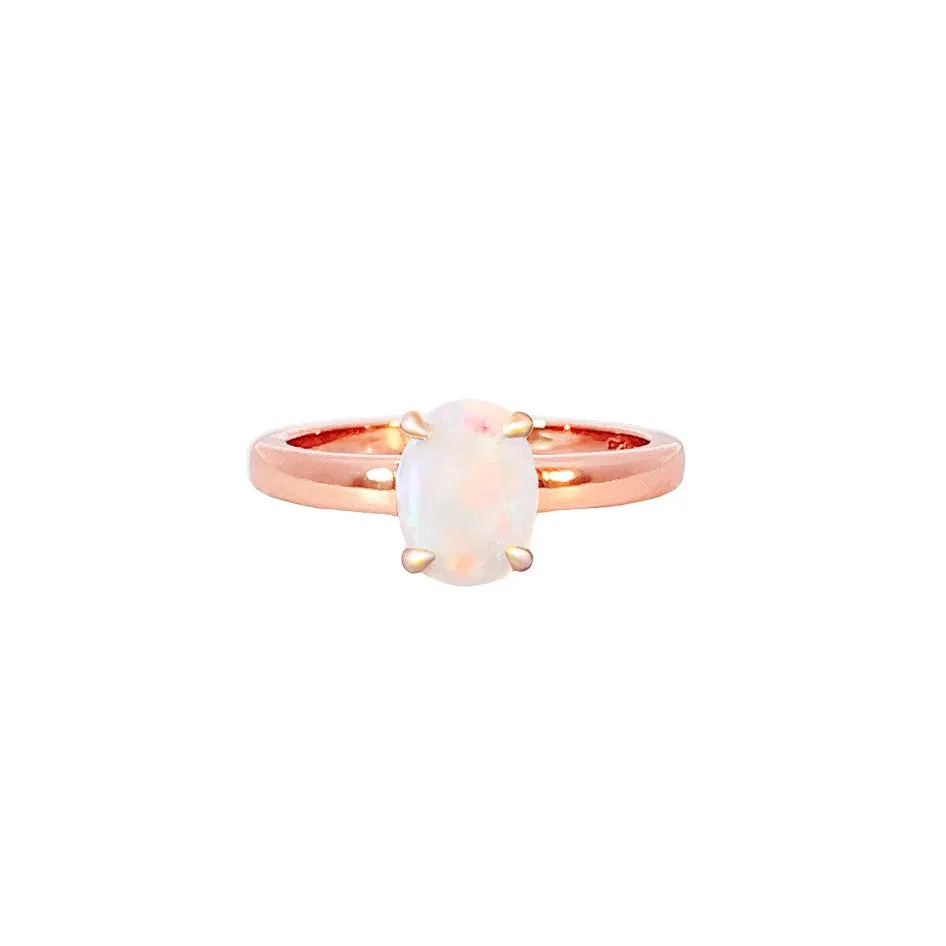 Rose Gold plated silver 8x6mm White Opal solitaire ring