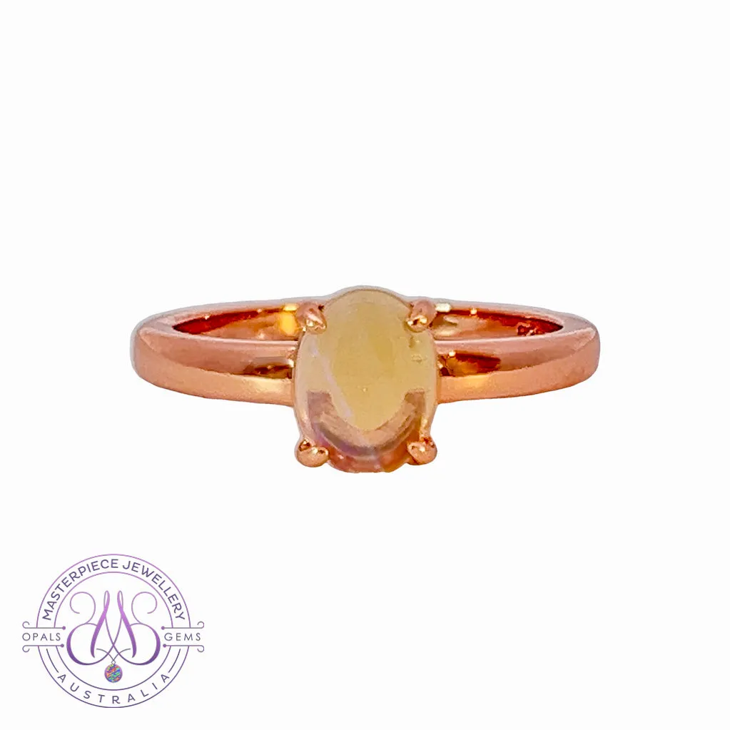 Rose Gold plated silver 8x6mm White Opal solitaire ring