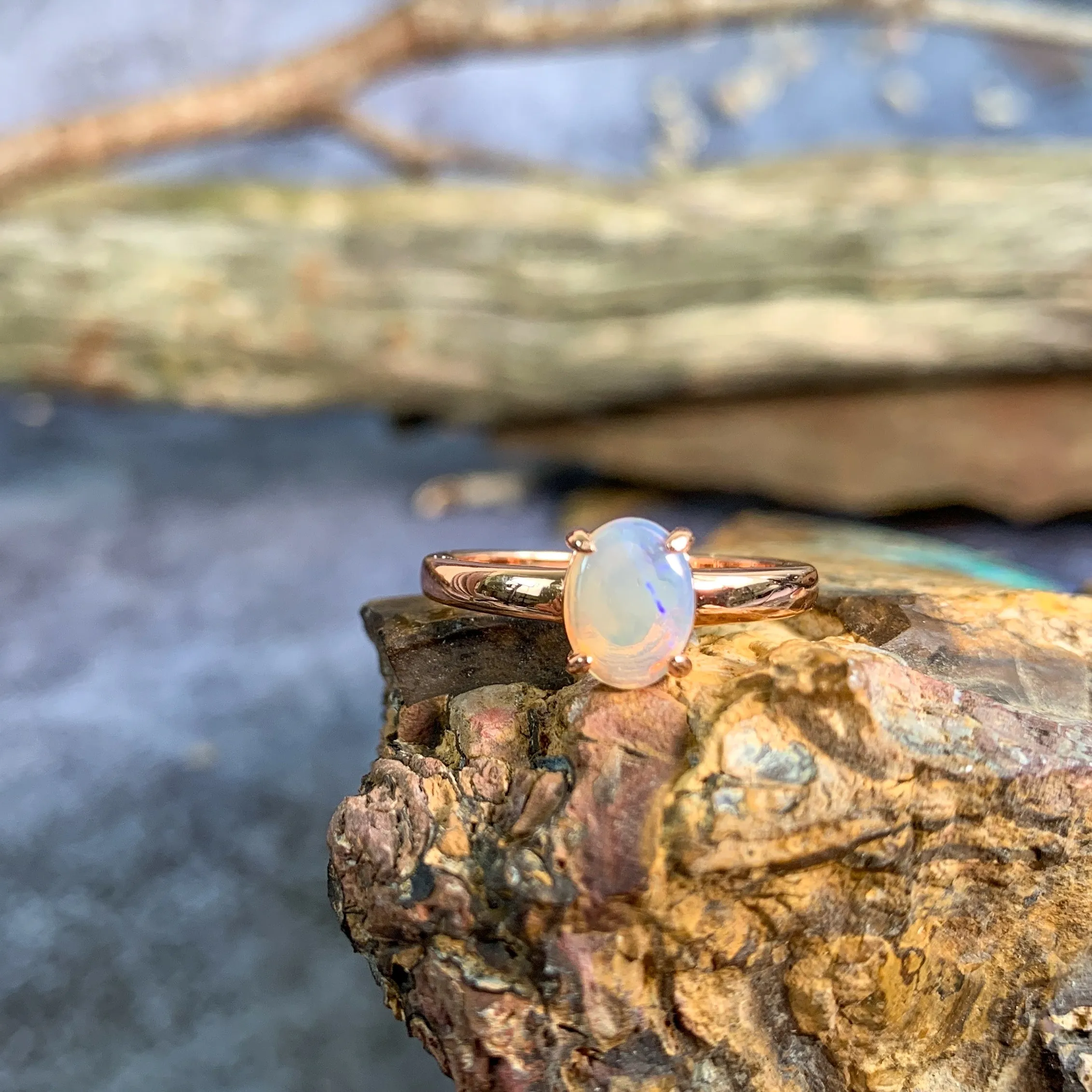 Rose Gold plated silver 8x6mm White Opal solitaire ring