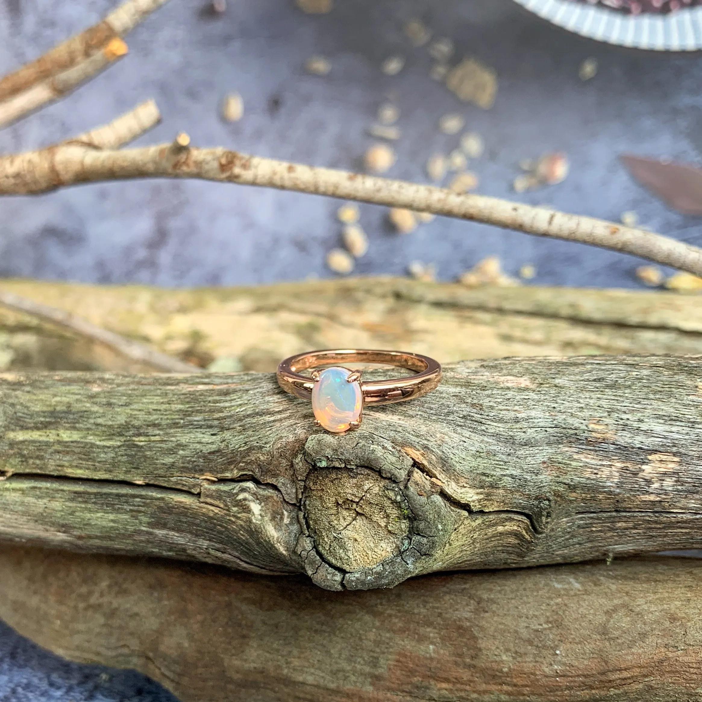 Rose Gold plated silver 8x6mm White Opal solitaire ring