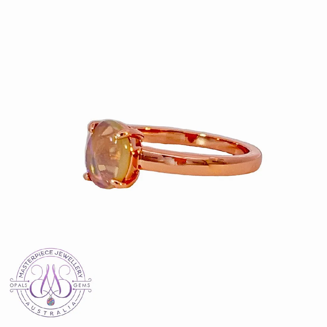 Rose Gold plated silver 8x6mm White Opal solitaire ring