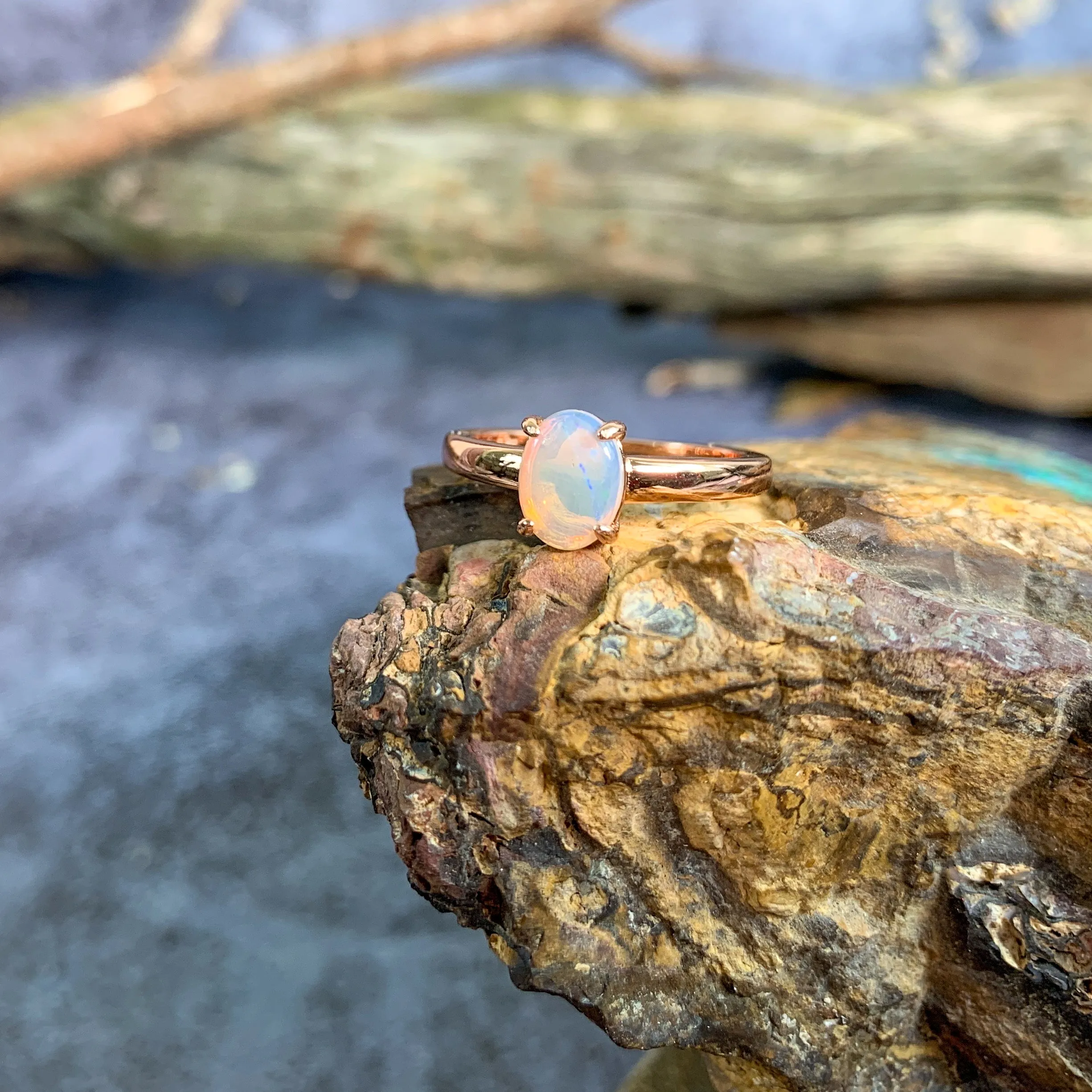 Rose Gold plated silver 8x6mm White Opal solitaire ring