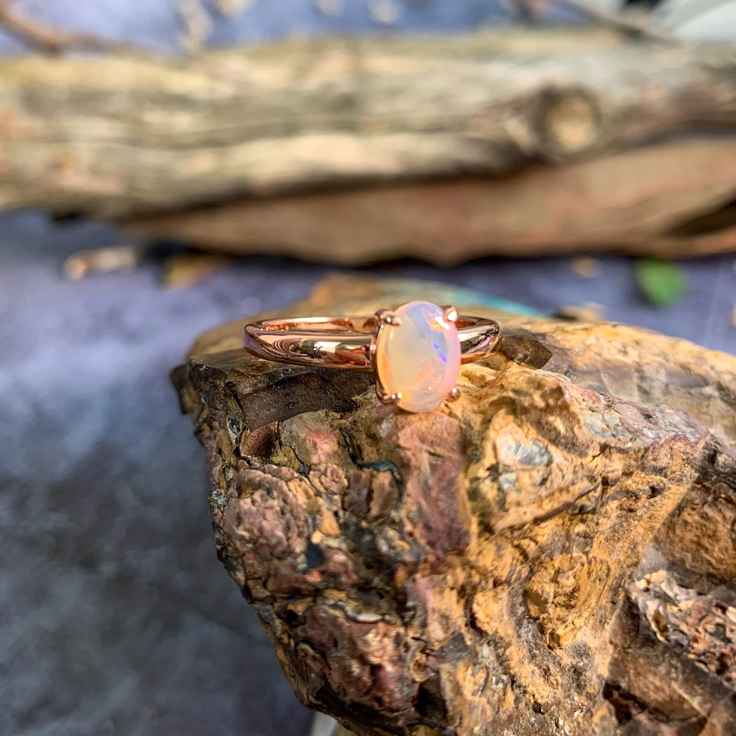 Rose Gold plated silver 8x6mm White Opal solitaire ring