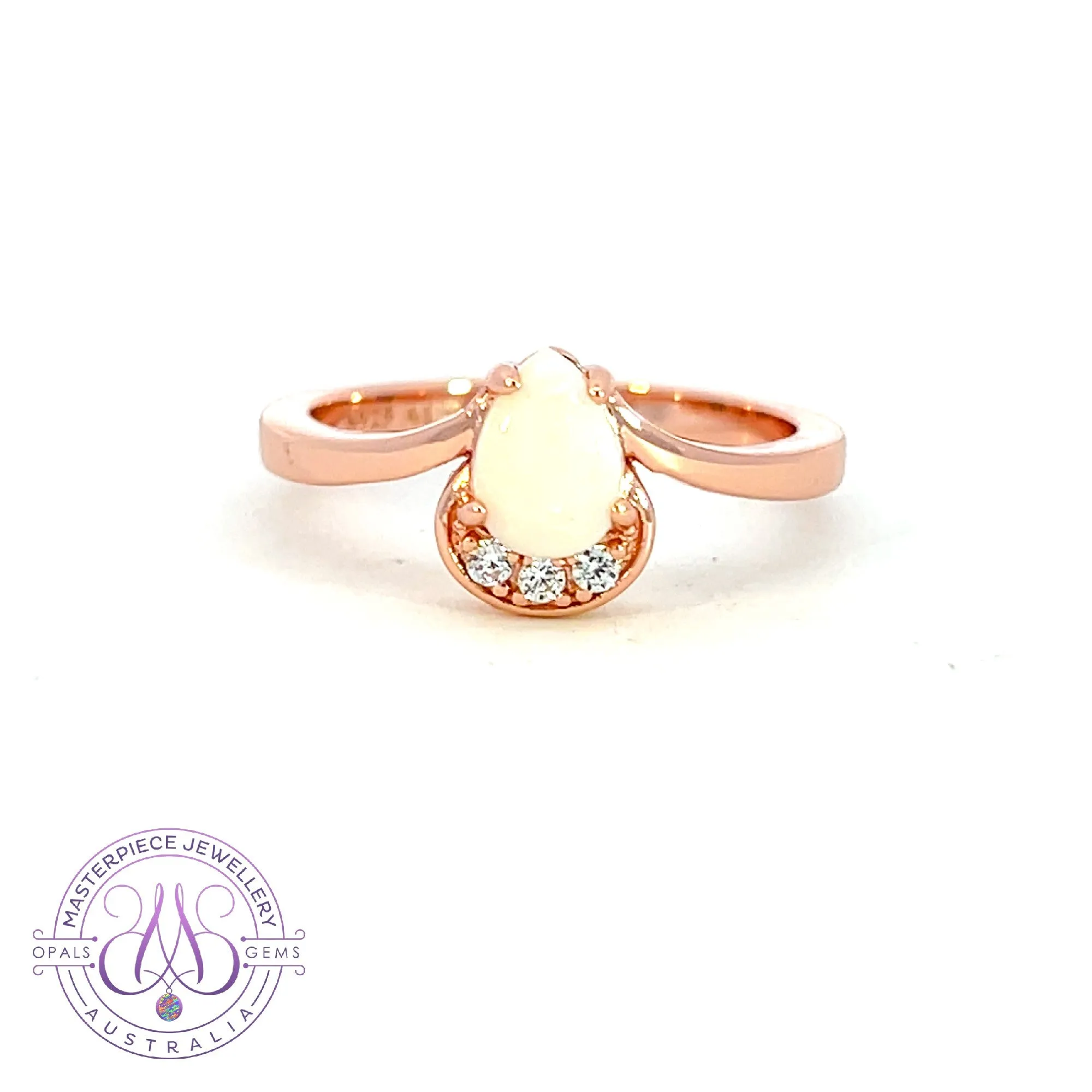 Rose Gold plated silver ring with one 7x5mm White Opal and cubic zirconia