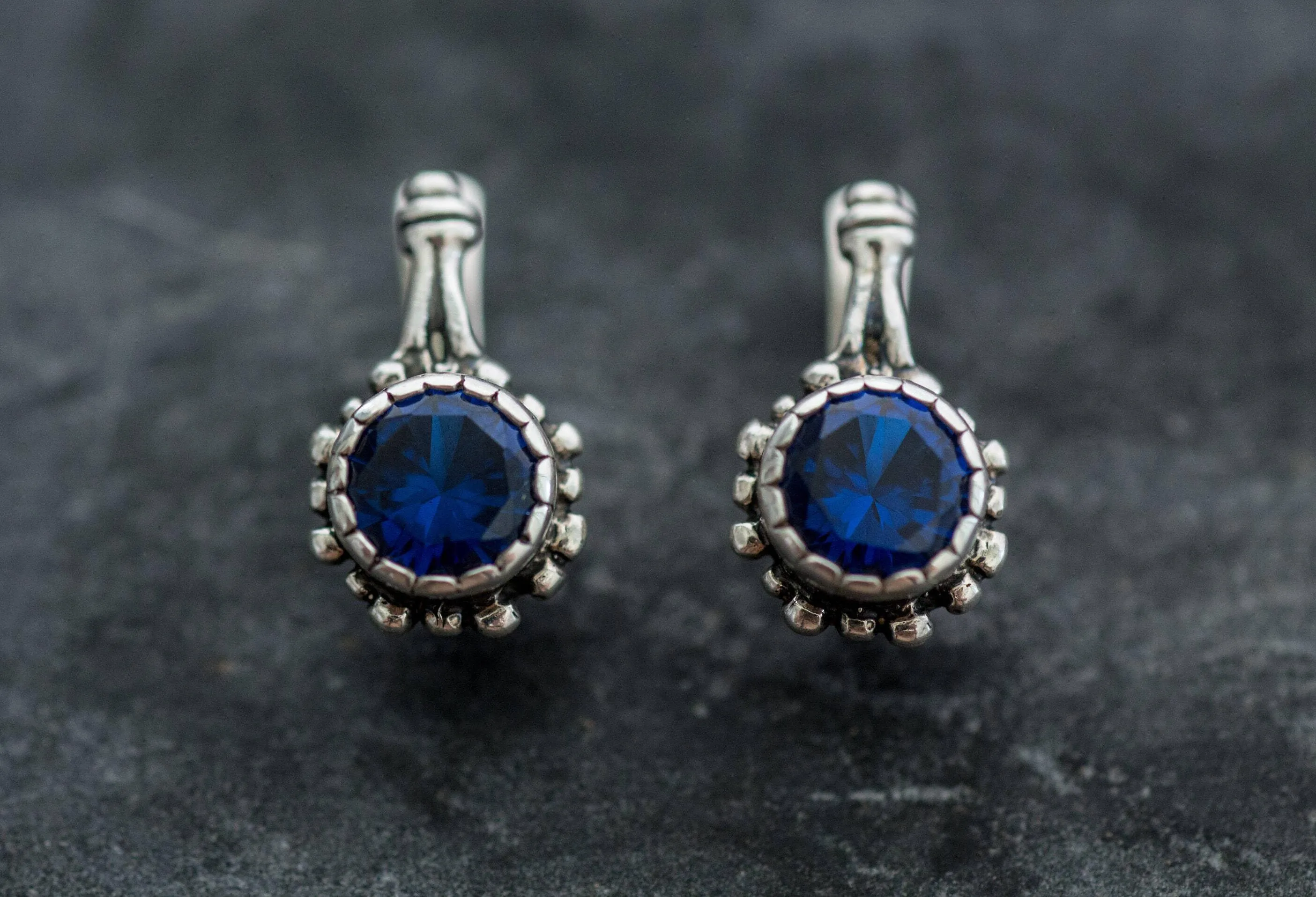 Round Sapphire Earrings - Blue Flower Earrings - Vintage Drop Earrings