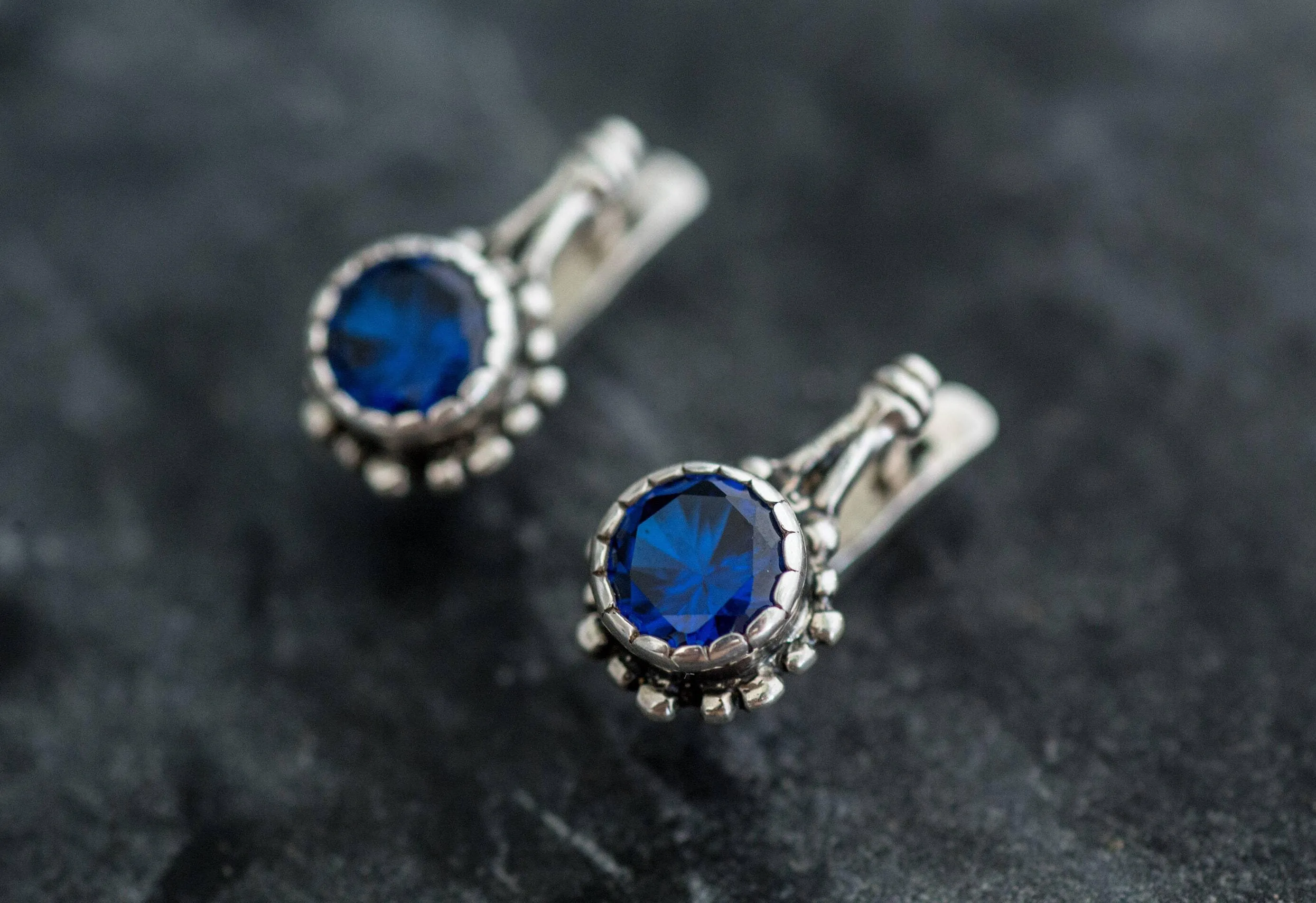 Round Sapphire Earrings - Blue Flower Earrings - Vintage Drop Earrings